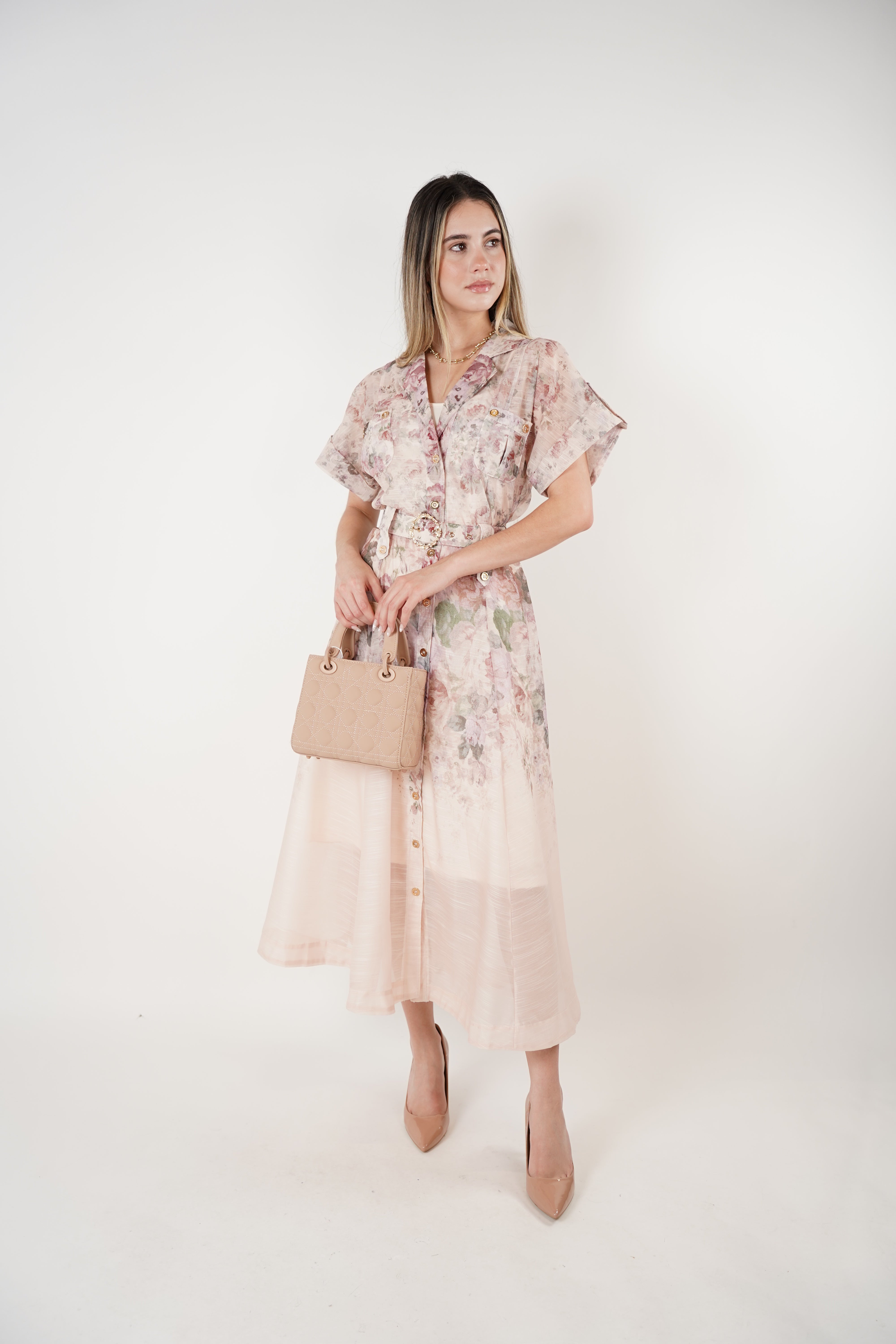 Oleni Stamped Maxi Belted Dress – Romantic Floral Button-Down Silhouette