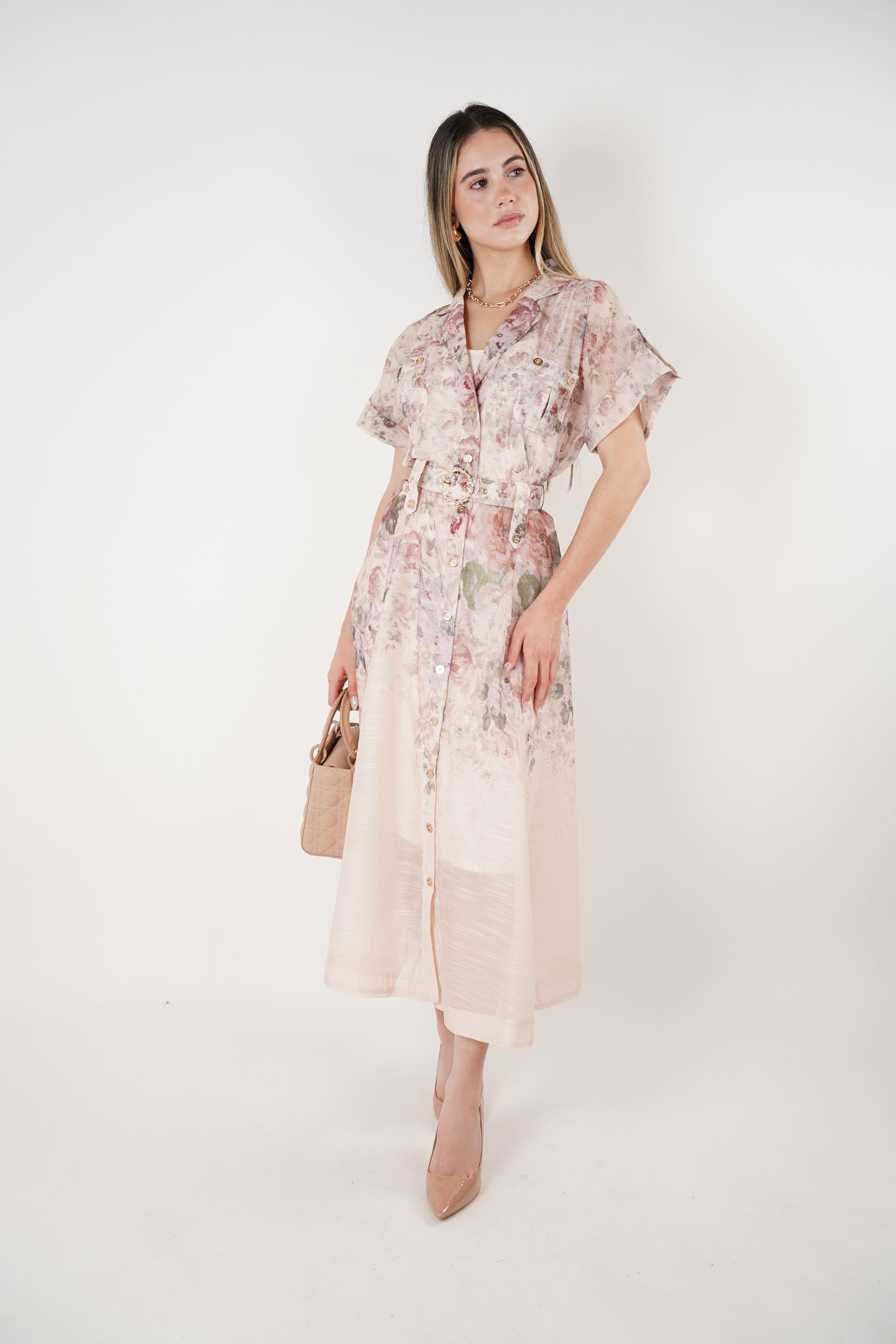 Oleni Stamped Maxi Belted Dress – Romantic Floral Button-Down Silhouette