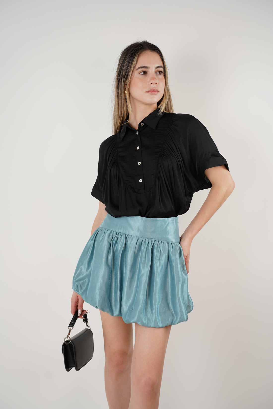 Tiven Mini Bubble Skirt – Shimmery Ice Blue Statement Skirt