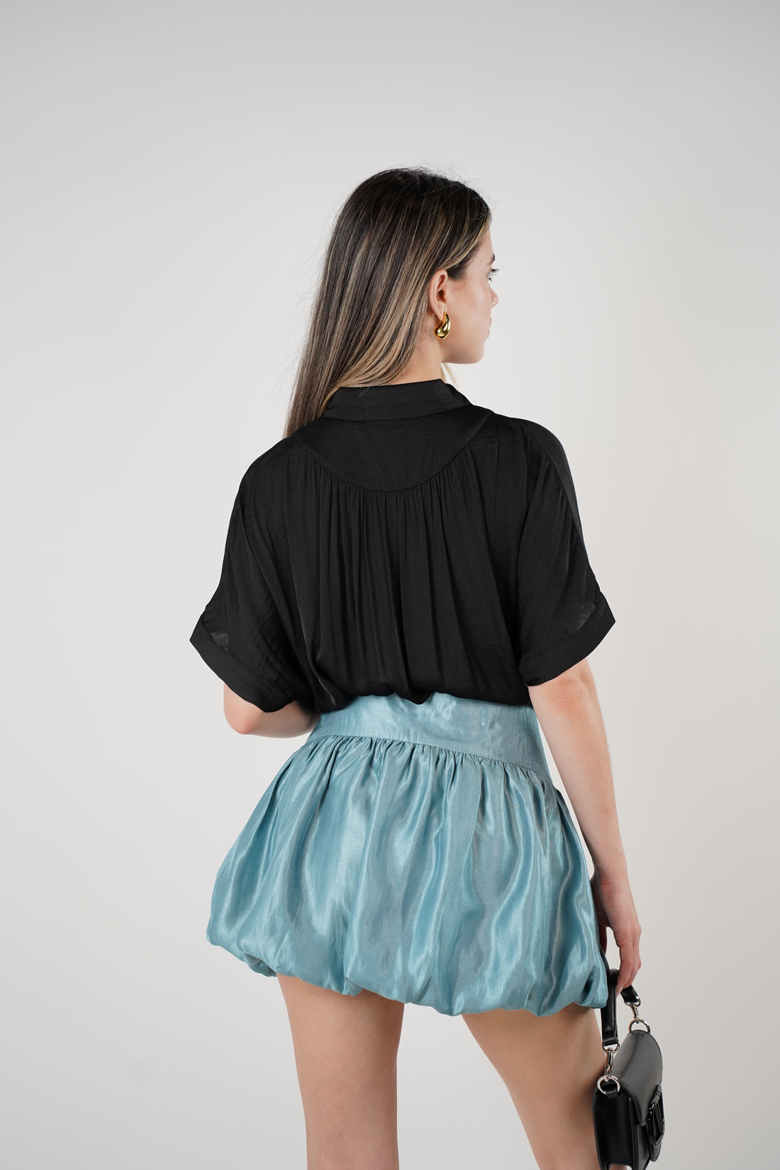 Tiven Mini Bubble Skirt – Shimmery Ice Blue Statement Skirt