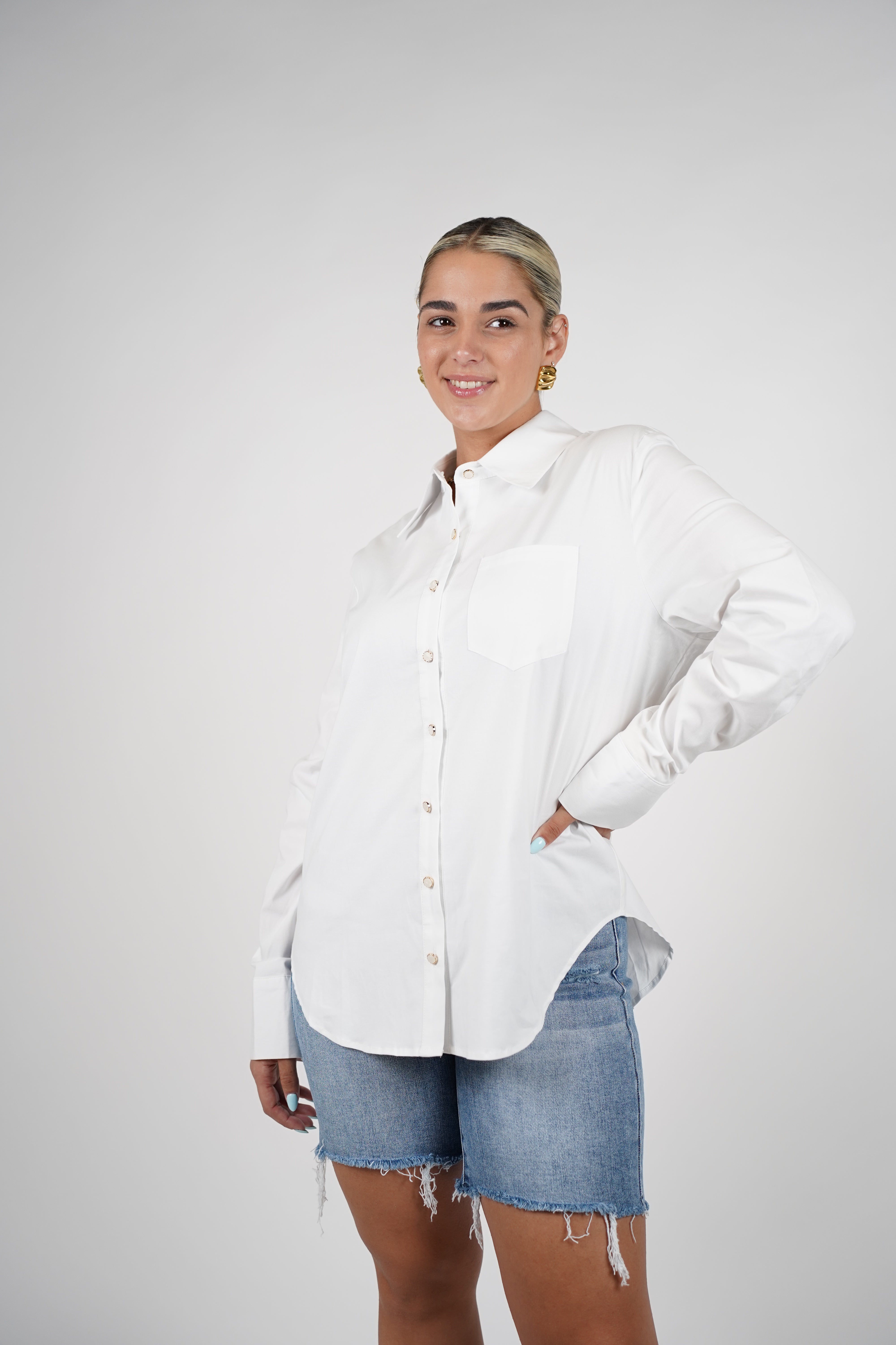 Tova Button Down – Classic White Shirt with Luxe Gold Trim