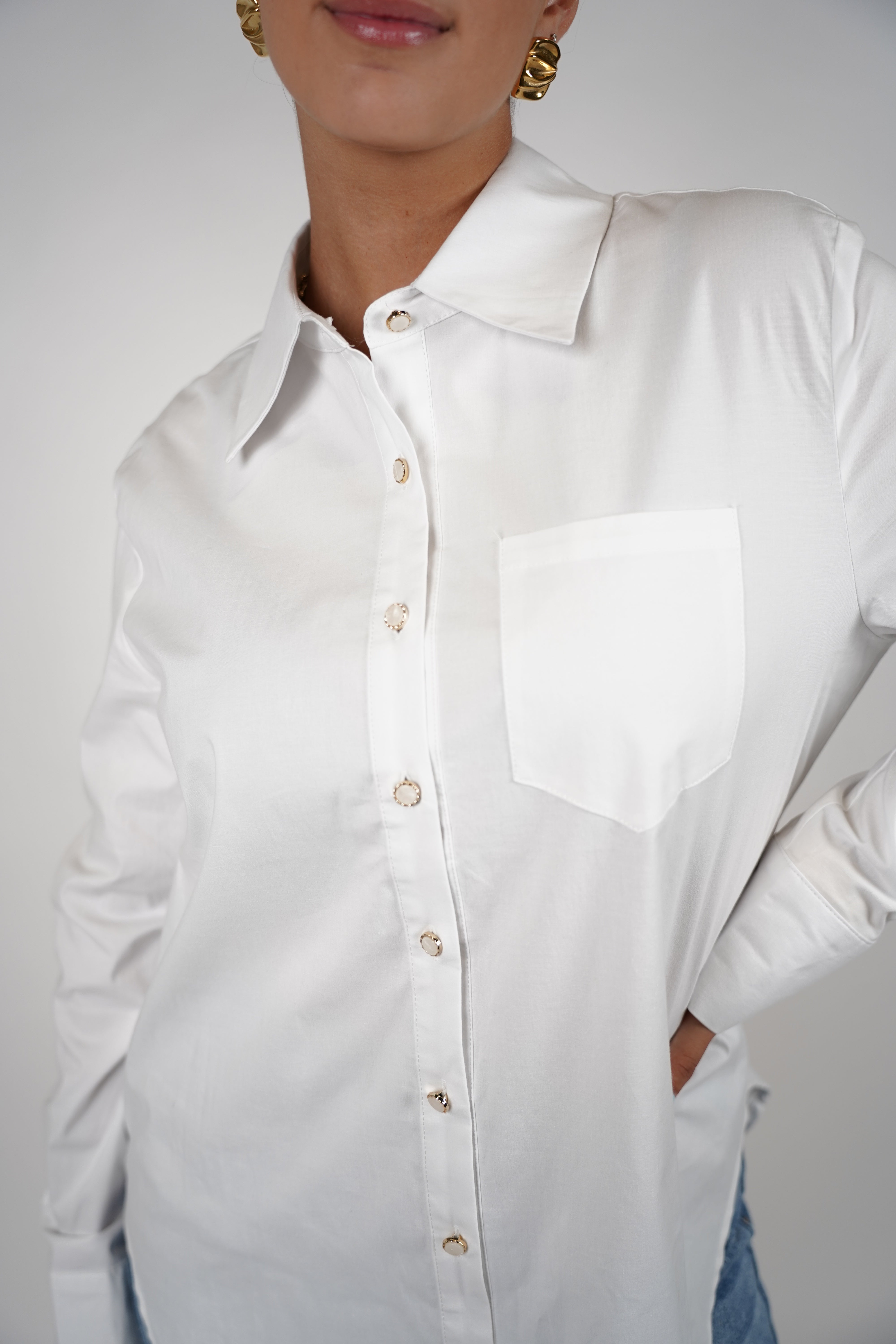 Tova Button Down – Classic White Shirt with Luxe Gold Trim