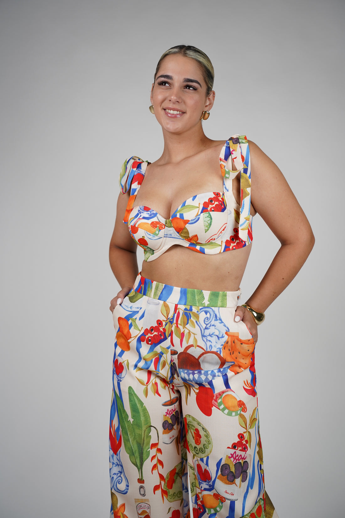 Sula Fruit Stamped Pants Set – Bold Bustier & Wide-Leg Duo
