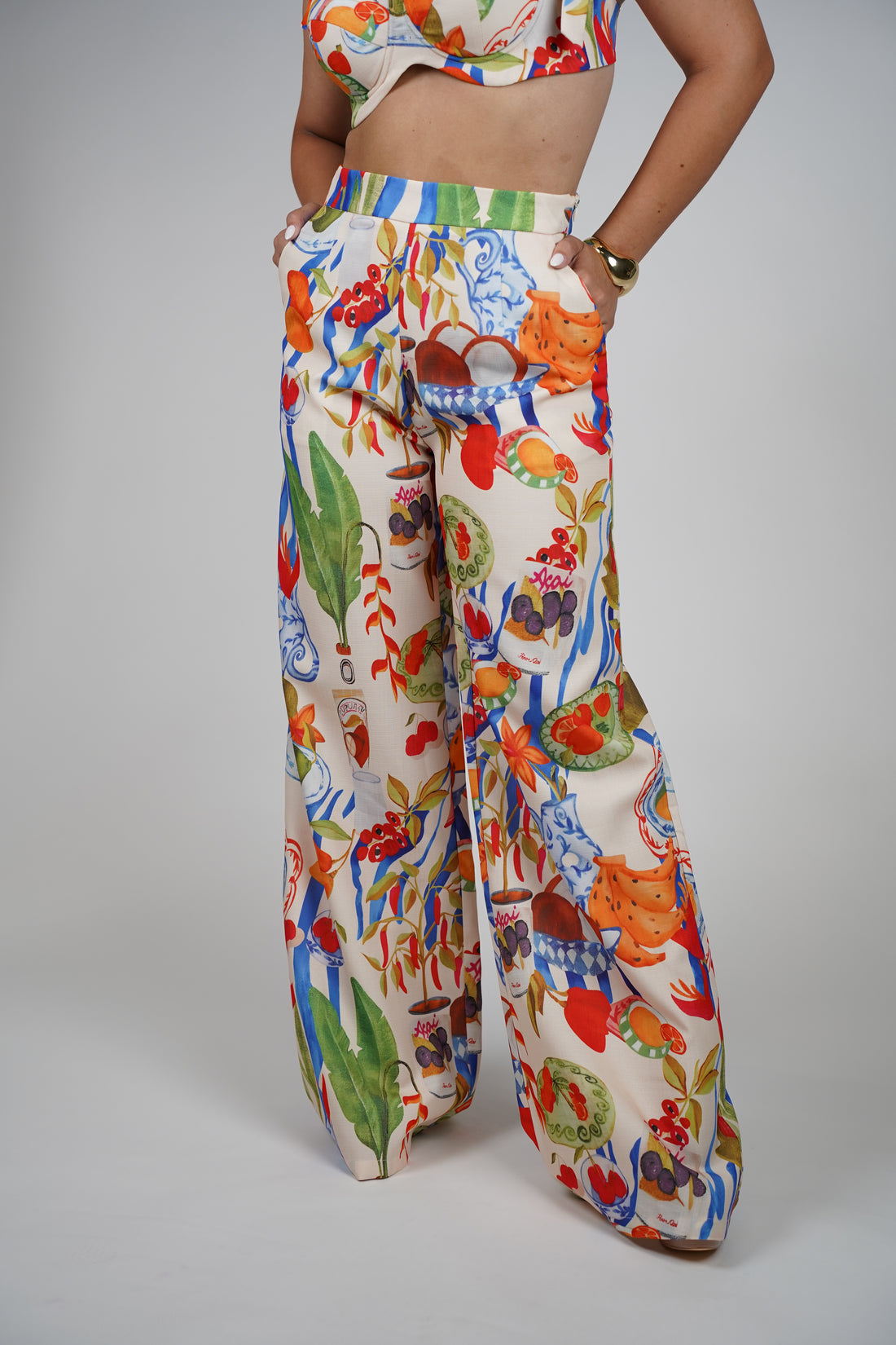 Sula Fruit Stamped Pants Set – Bold Bustier & Wide-Leg Duo