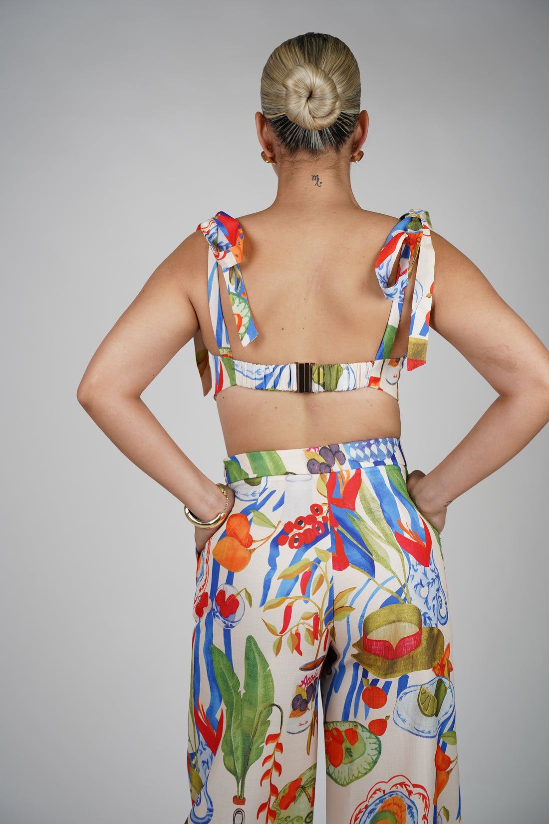 Sula Fruit Stamped Pants Set – Bold Bustier & Wide-Leg Duo