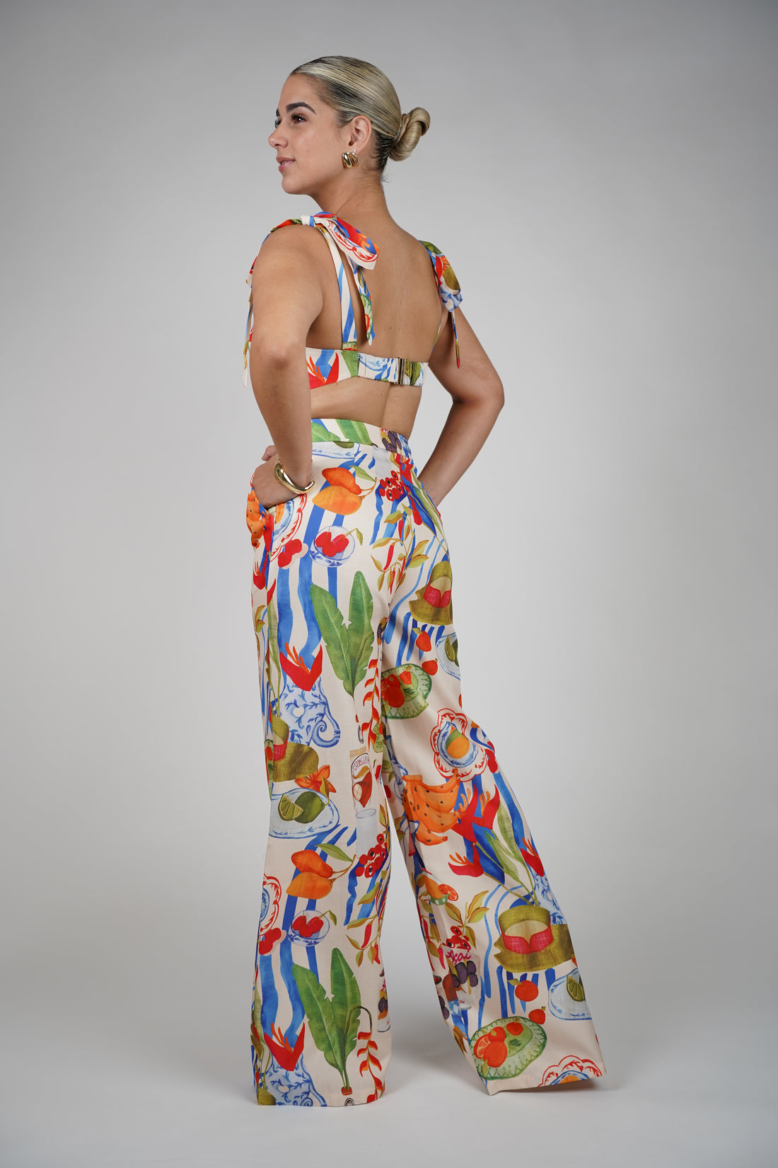 Sula Fruit Stamped Pants Set – Bold Bustier & Wide-Leg Duo