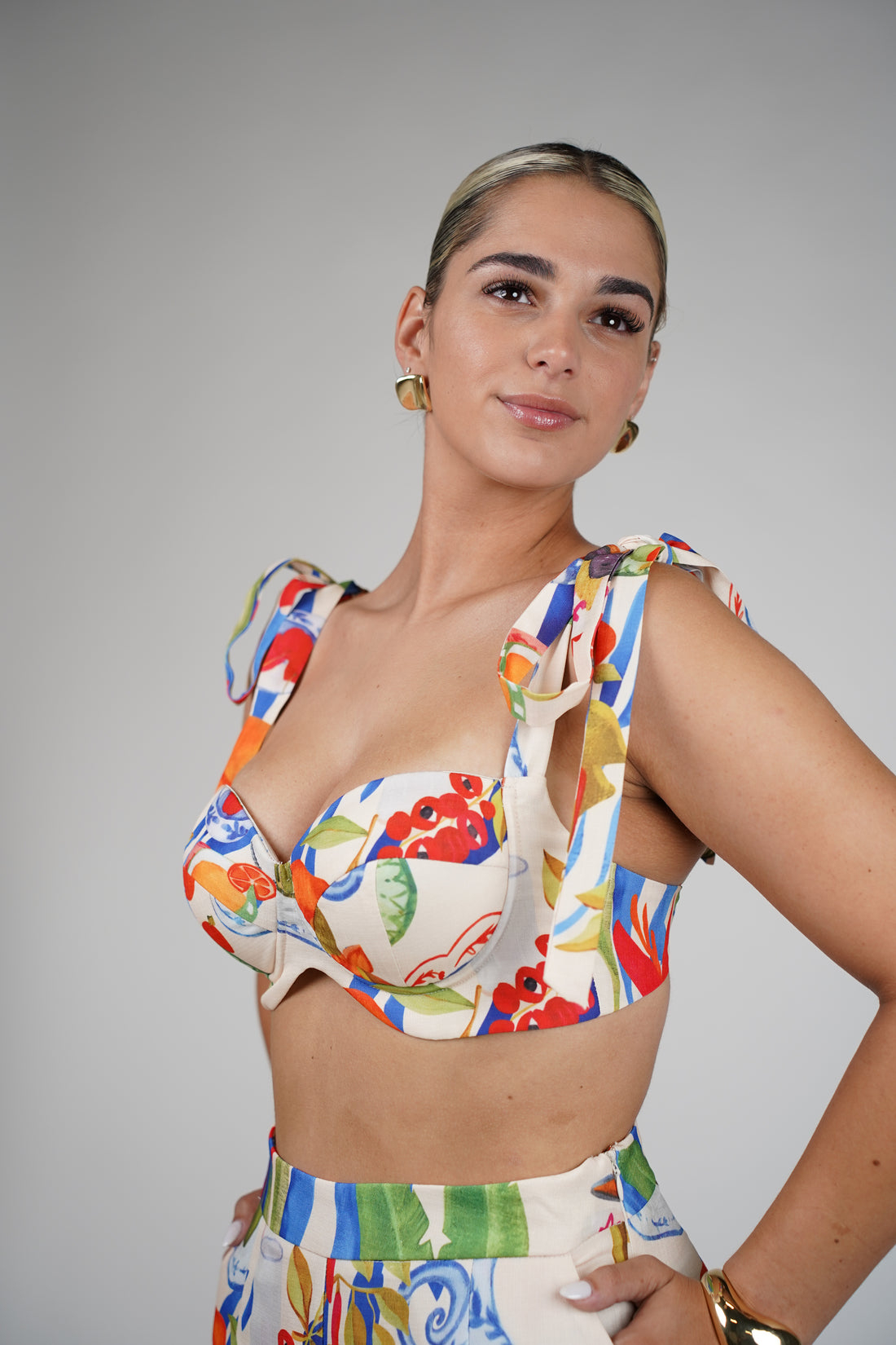 Sula Fruit Stamped Pants Set – Bold Bustier & Wide-Leg Duo