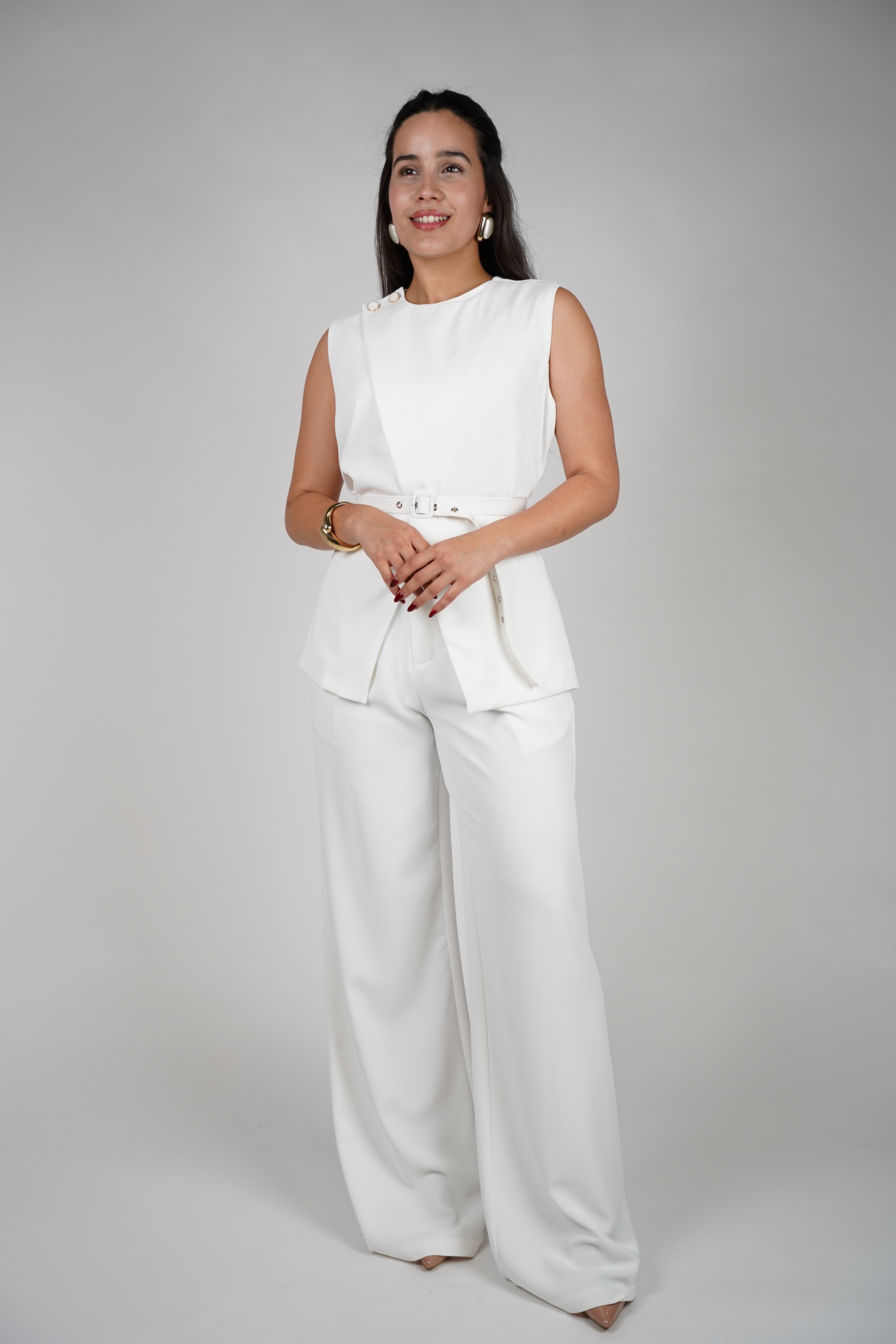Kora Pants Set – Sleek Belted Two-Piece in Ivory White