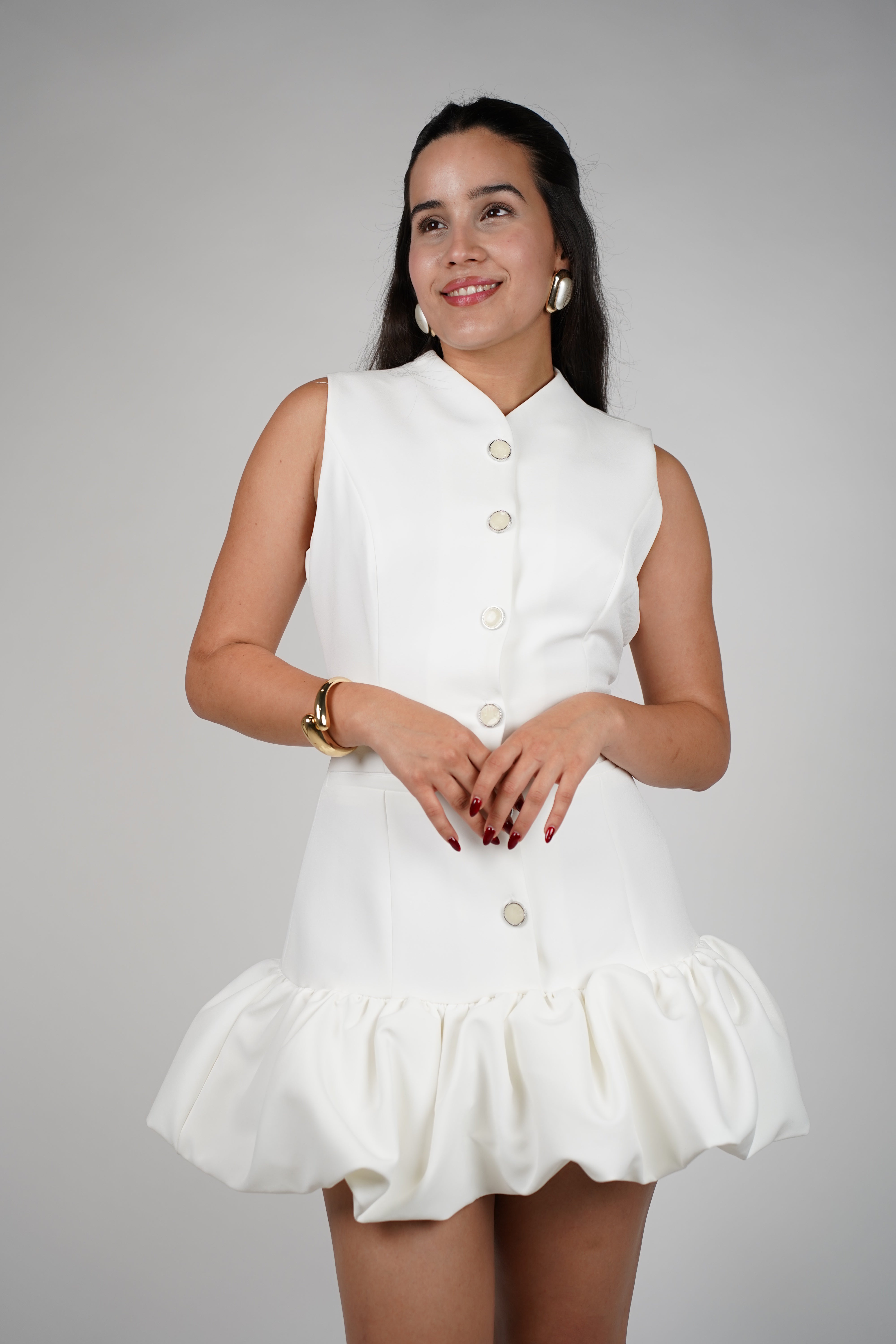 Zurca Balloon Mini Dress – Sleeveless Button-Down with Voluminous Hem