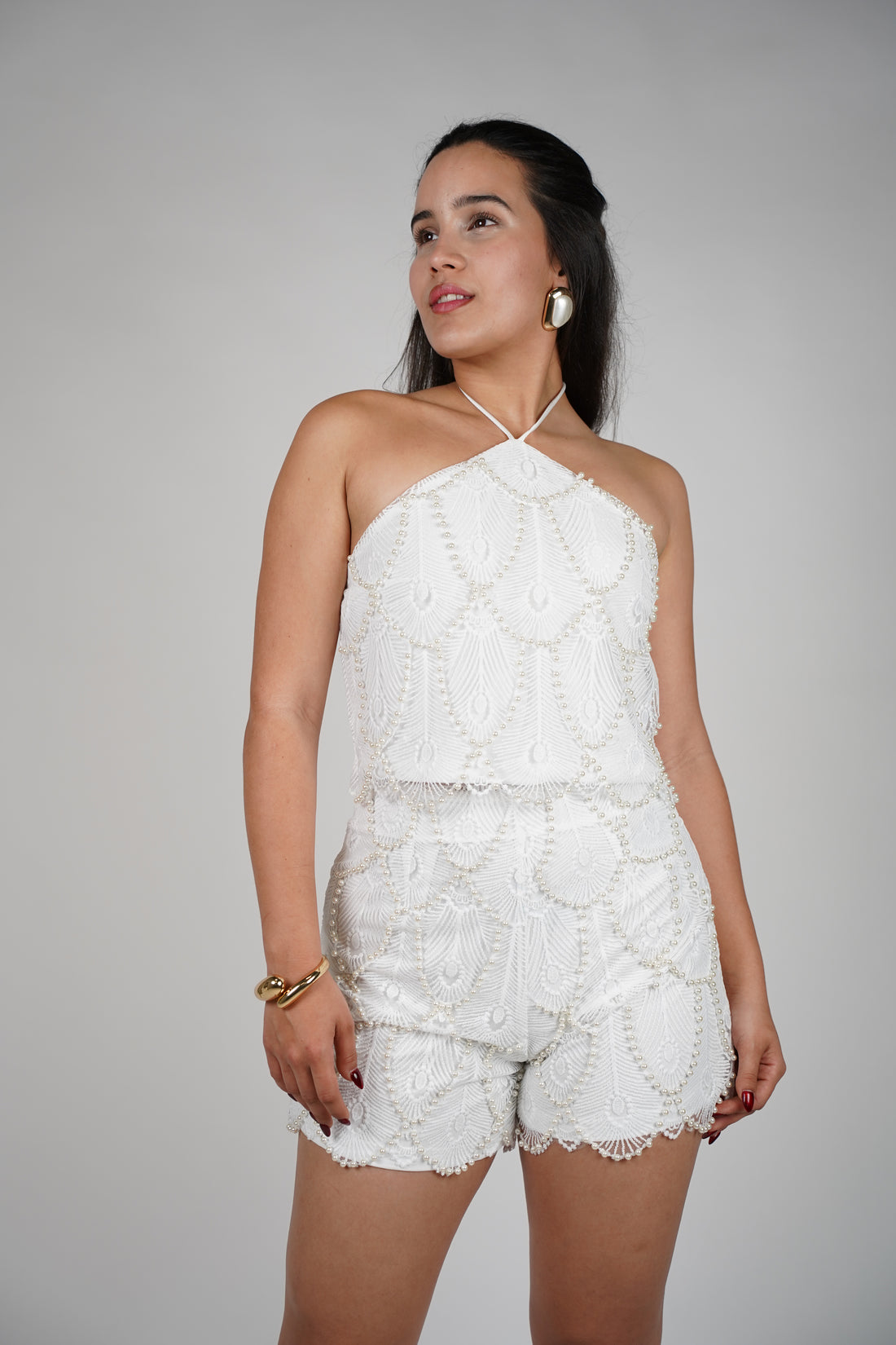 Demi Pearl Short Set – Elegant White Halter and Embellished Shorts