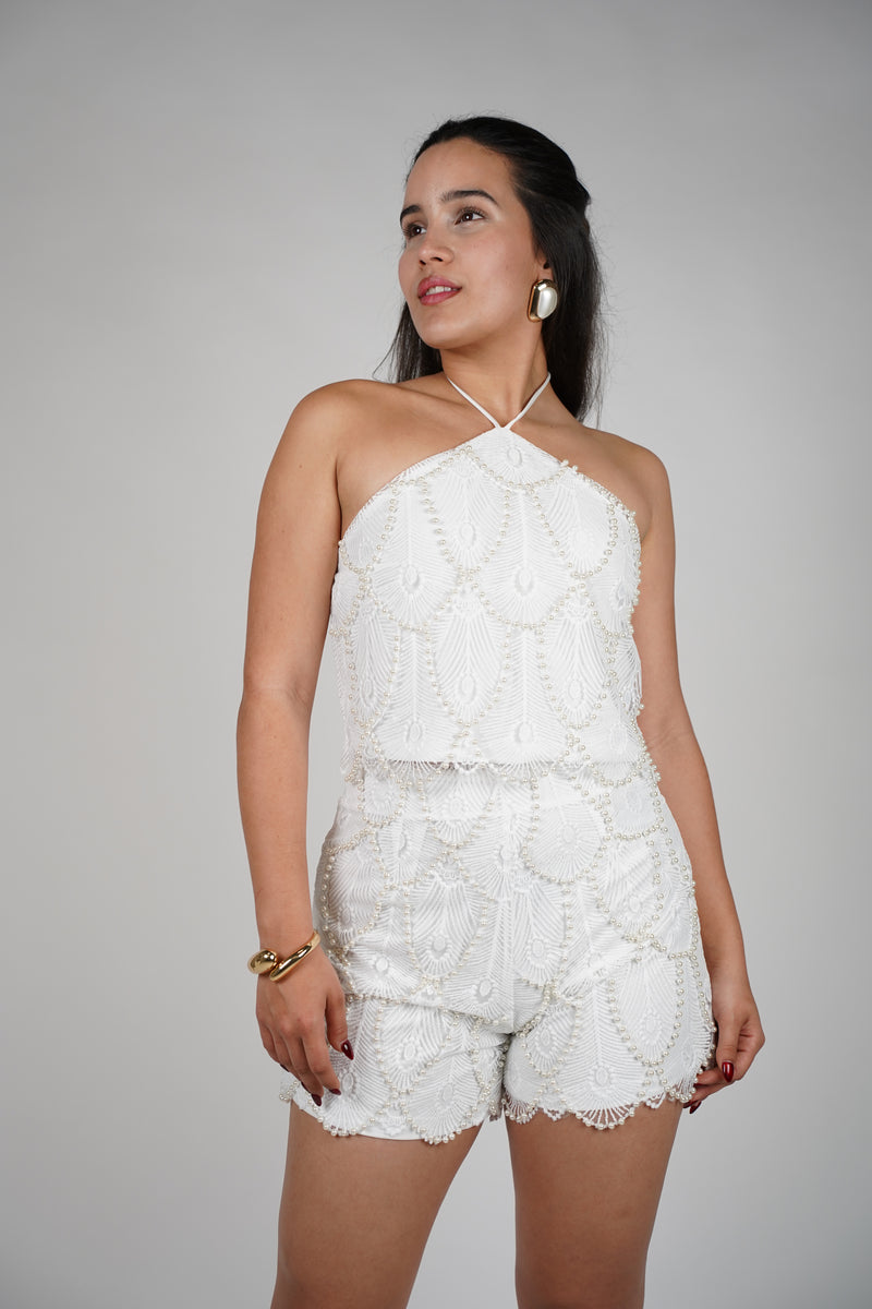 Demi Pearl Short Set – Elegant White Halter and Embellished Shorts