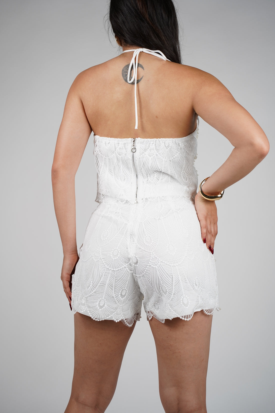 Demi Pearl Short Set – Elegant White Halter and Embellished Shorts