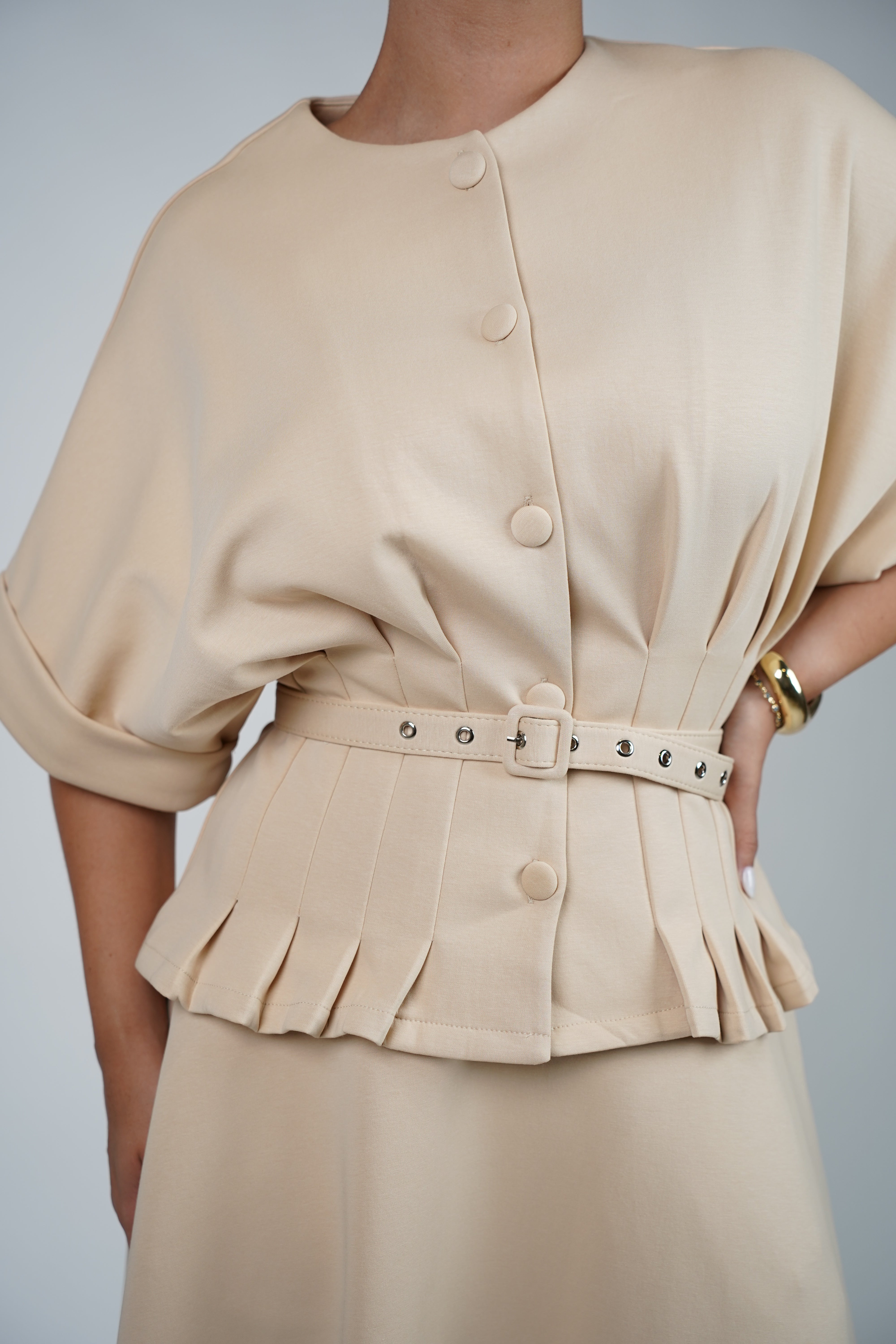 Vidal Skirt Set – Pleated Waist Blouse & Flowy A-Line Skirt in Soft Beige