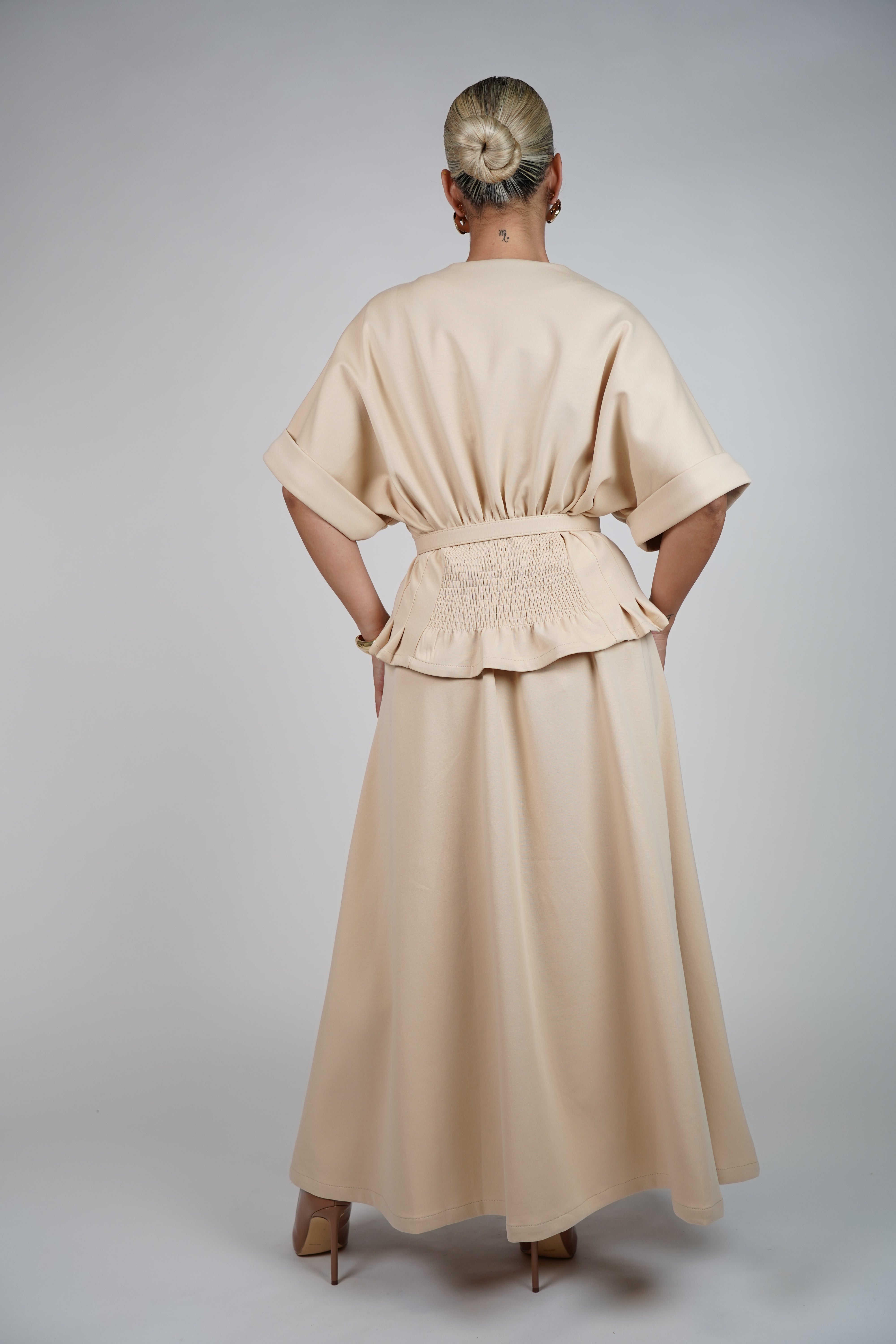 Vidal Skirt Set – Pleated Waist Blouse & Flowy A-Line Skirt in Soft Beige