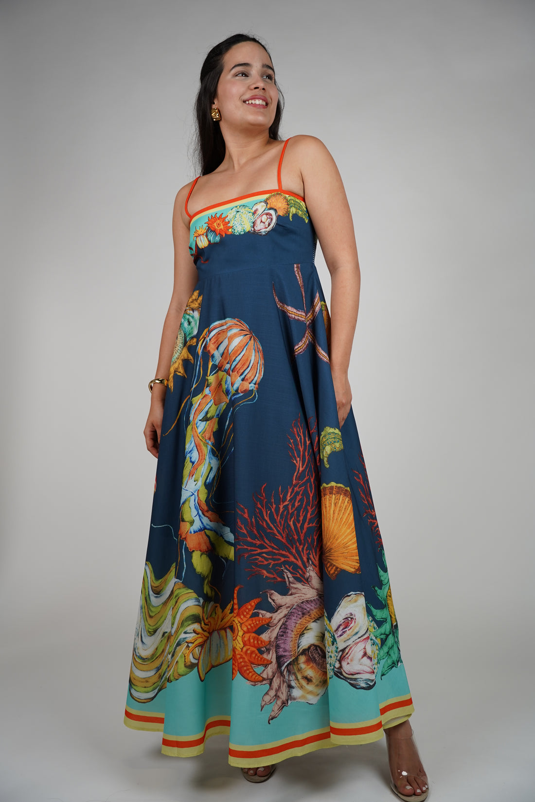 Orelle Ocean Stamp Maxi Dress – Deep Sea-Inspired Statement Gown