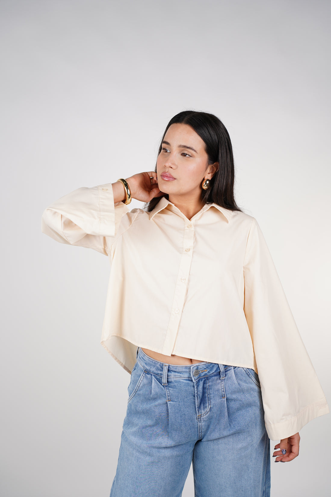 Fiora Cropped Poplin Shirt | Black Button-Down Top