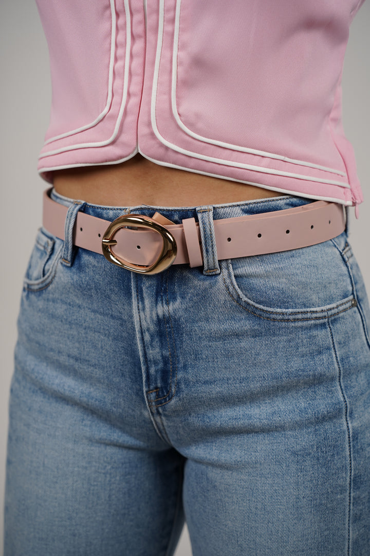 Tysa Belt – Soft Blush Statement Belt with Bold Gold Buckle