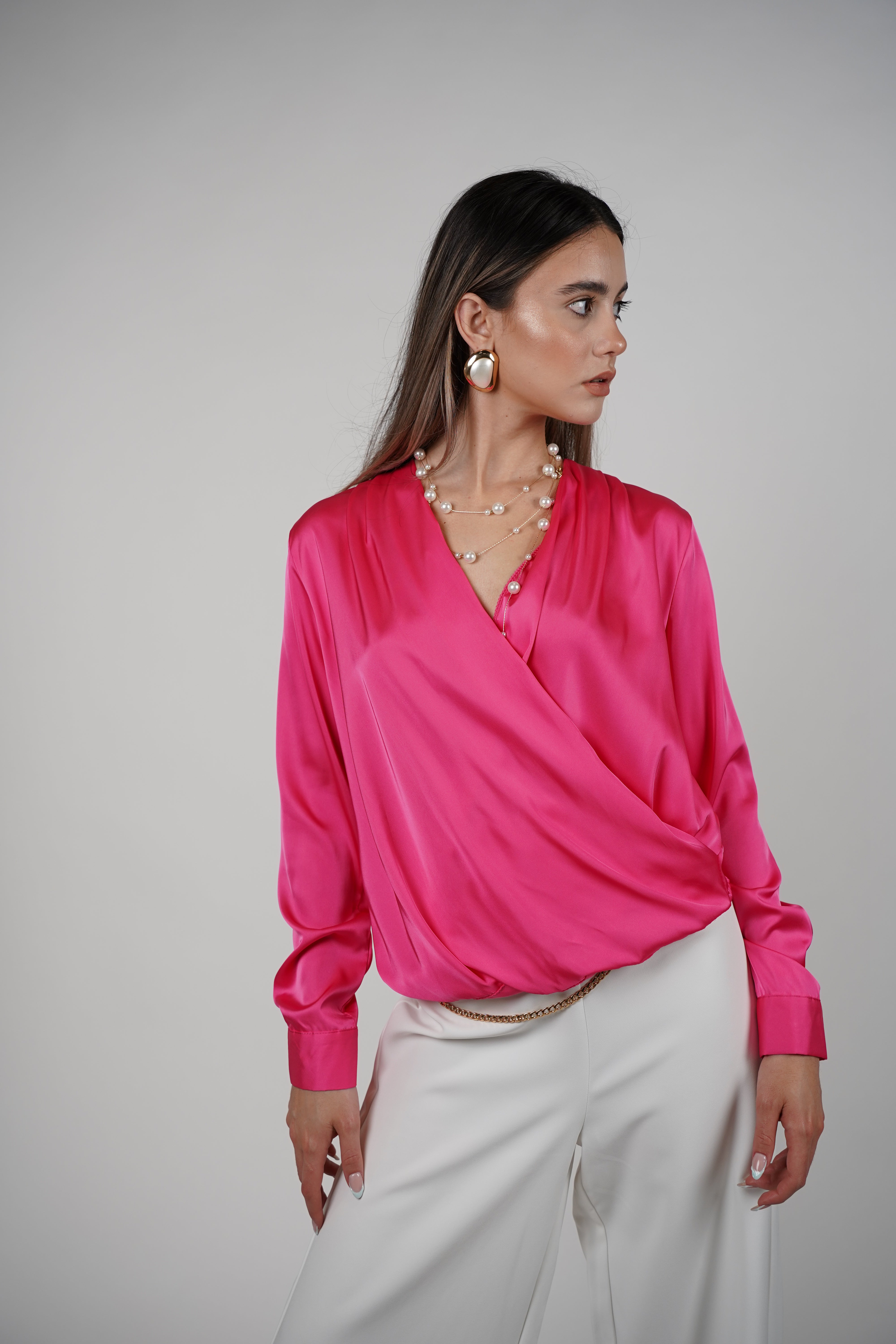 Karo Longsleeve Blouse – Silky Wrap Style Elegance