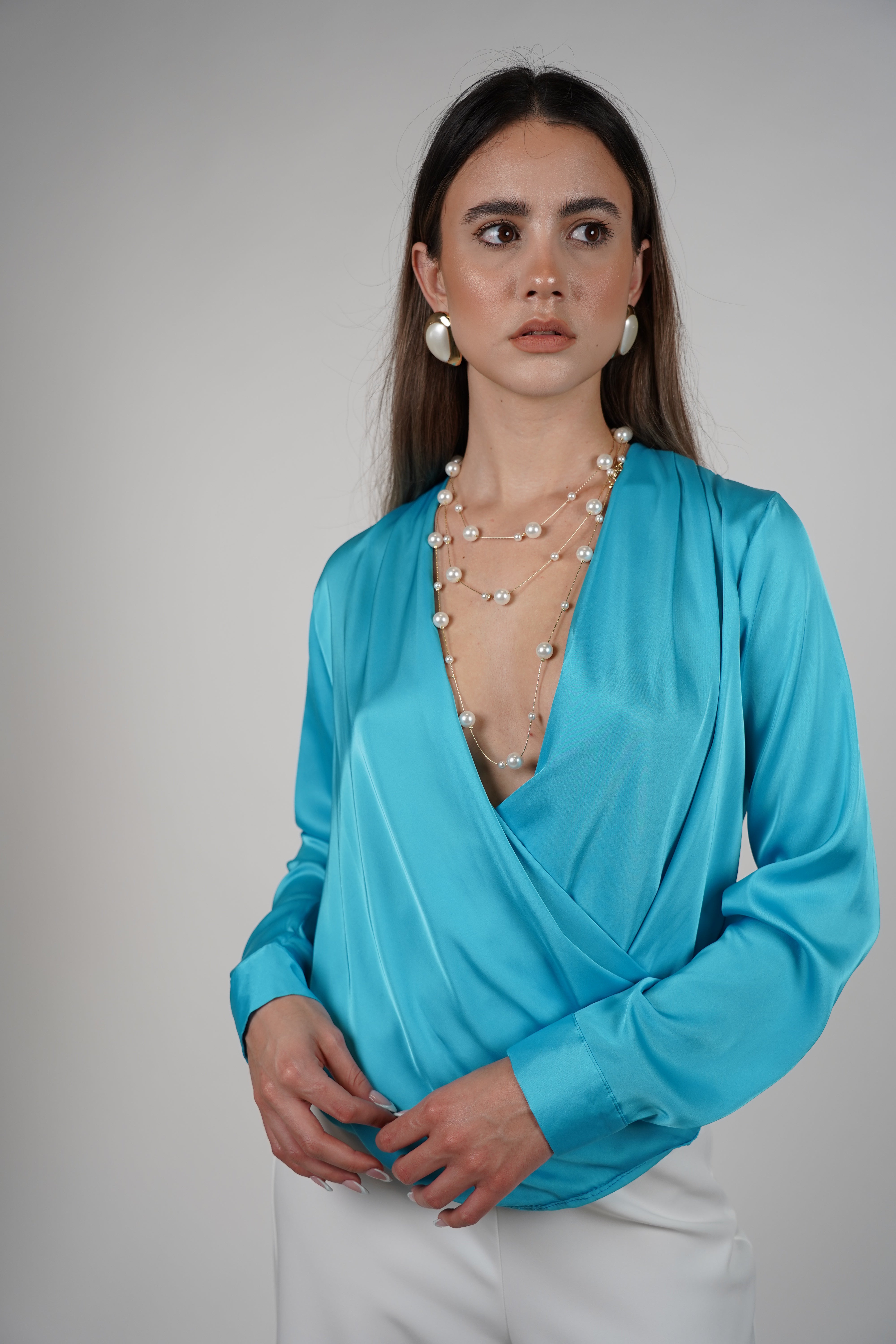 Karo Longsleeve Blouse – Silky Wrap Style Elegance