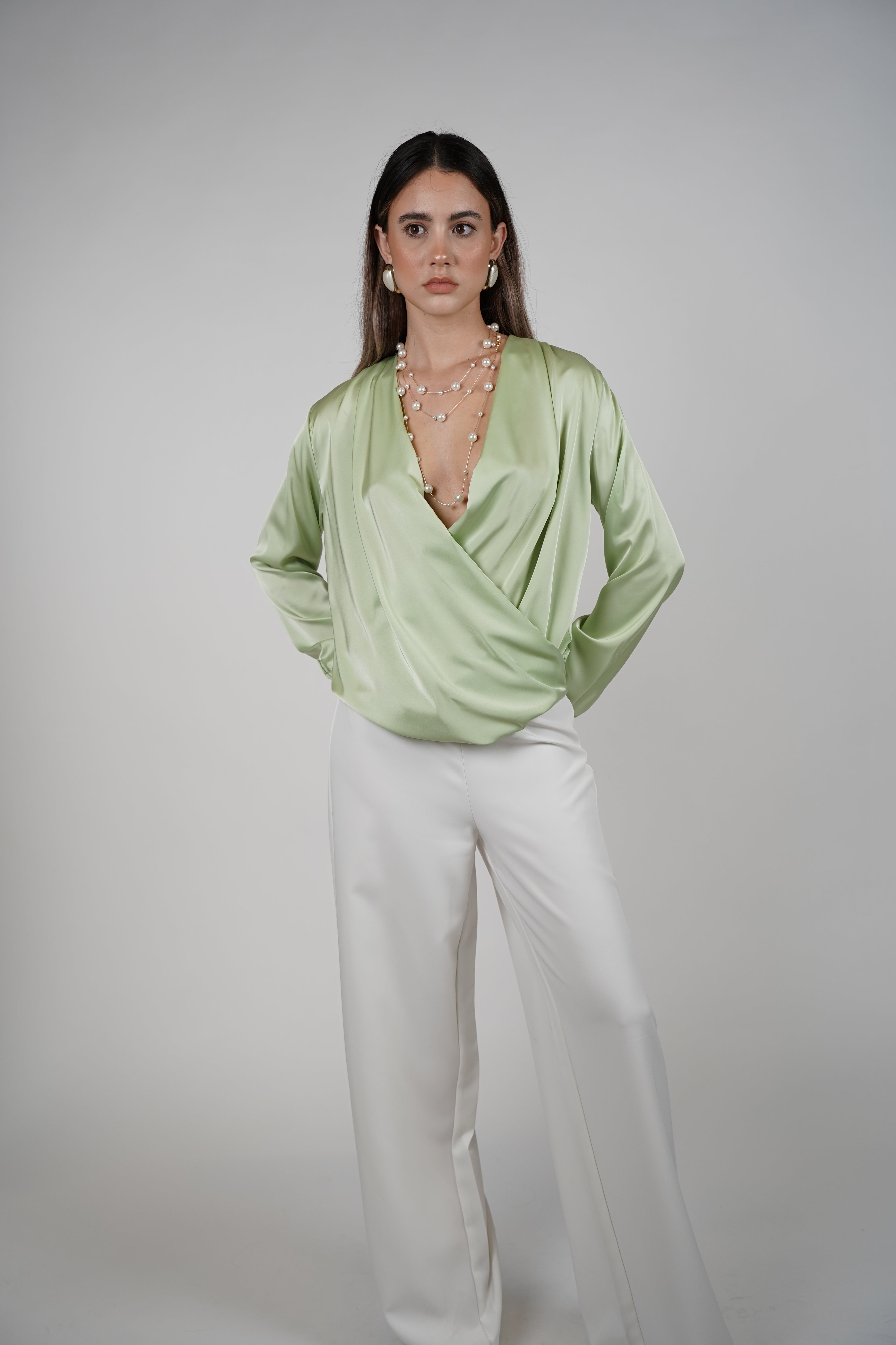 Karo Longsleeve Blouse – Silky Wrap Style Elegance