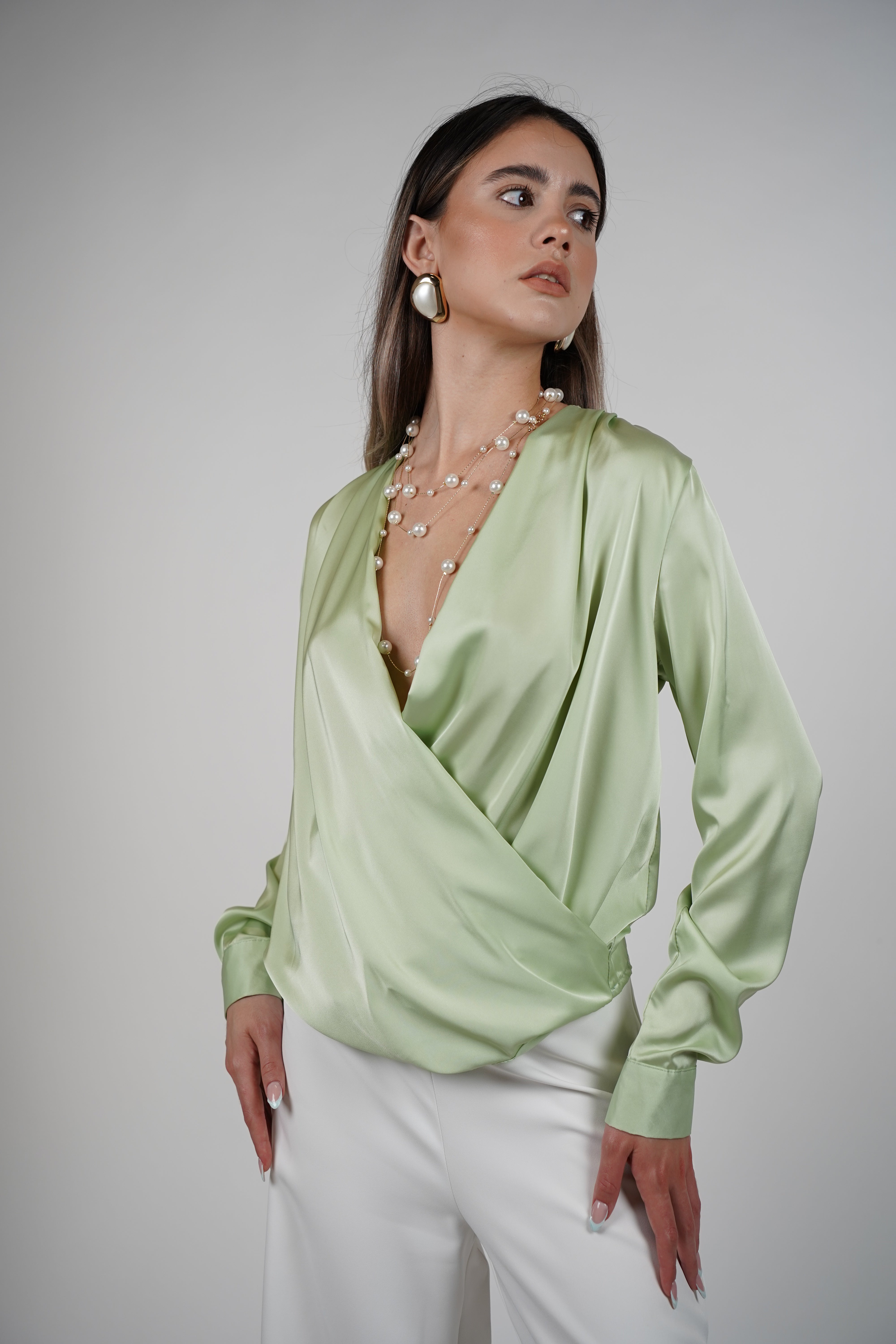 Karo Longsleeve Blouse – Silky Wrap Style Elegance