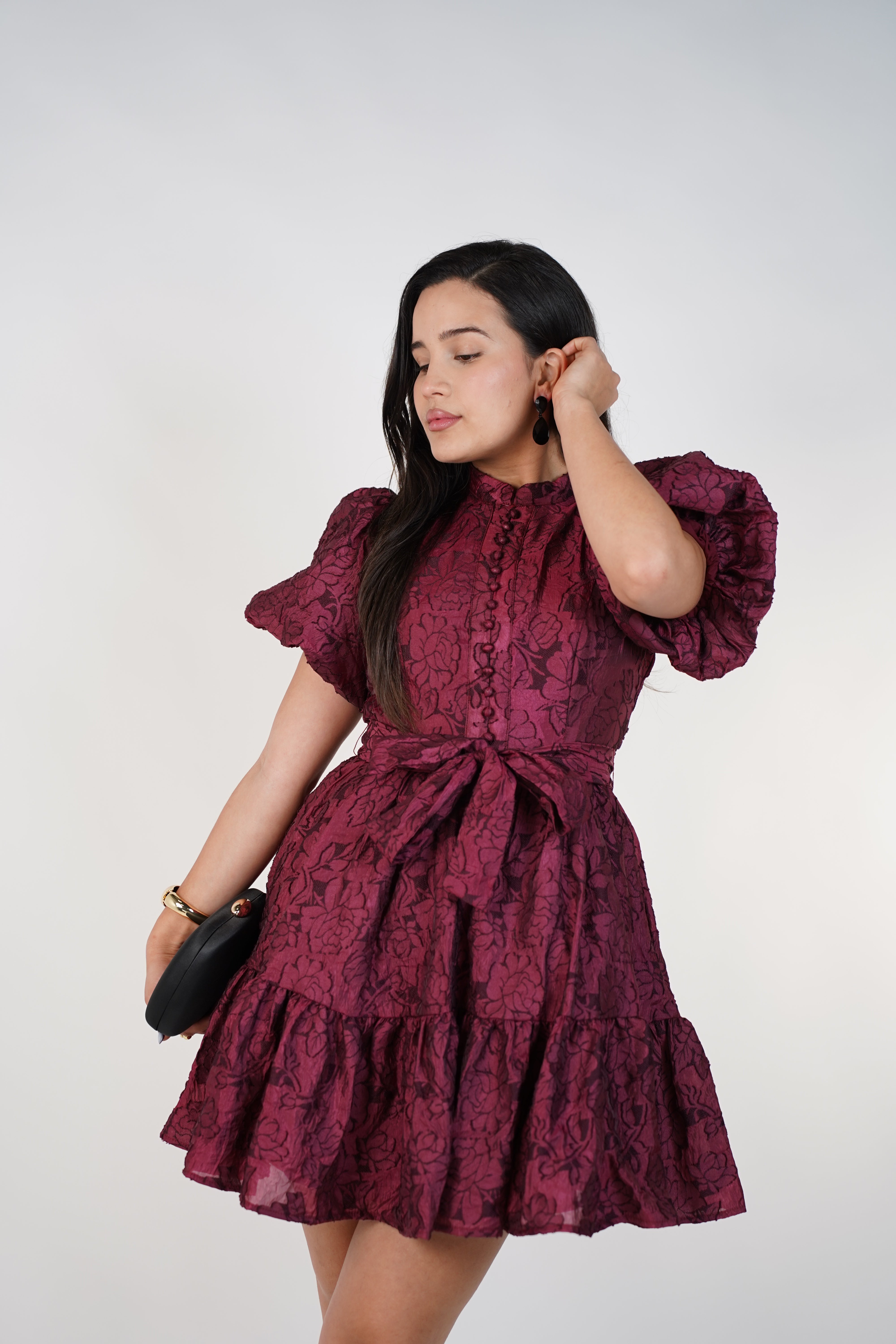 Nyselle Puff Sleeve Mini Dress – Floral Jacquard Mini Dress