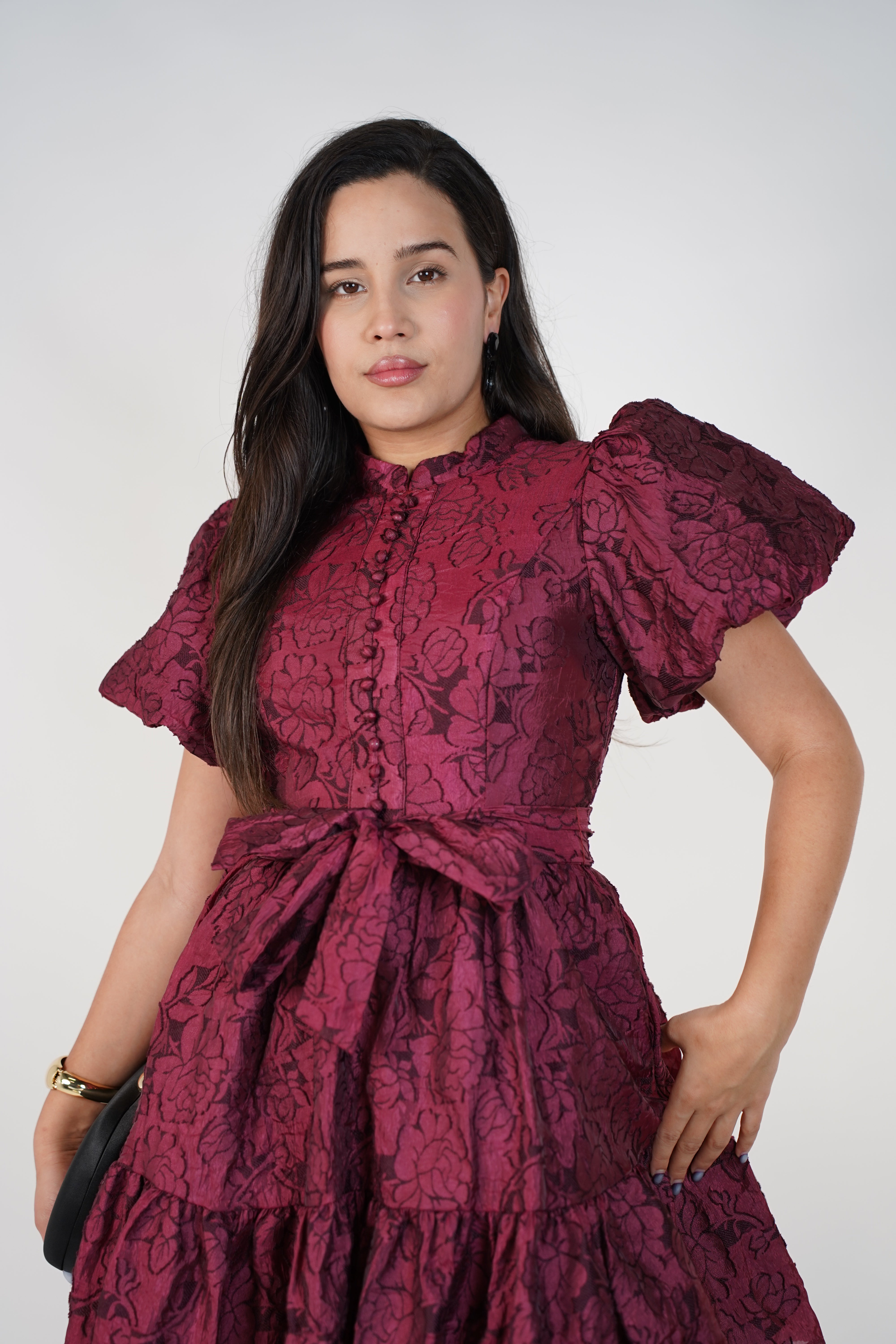 Nyselle Puff Sleeve Mini Dress – Floral Jacquard Mini Dress