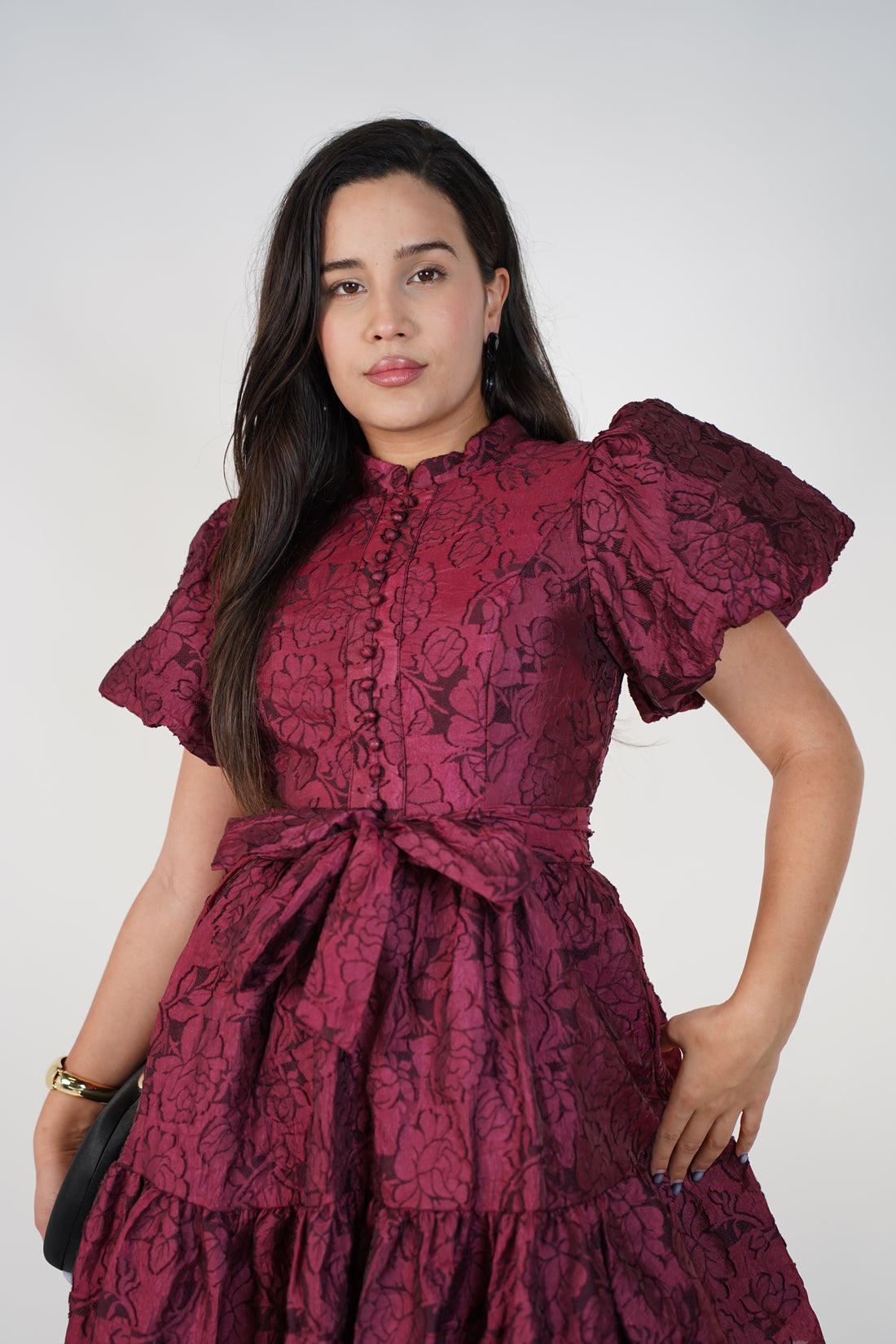 Nyselle Puff Sleeve Mini Dress – Floral Jacquard Mini Dress