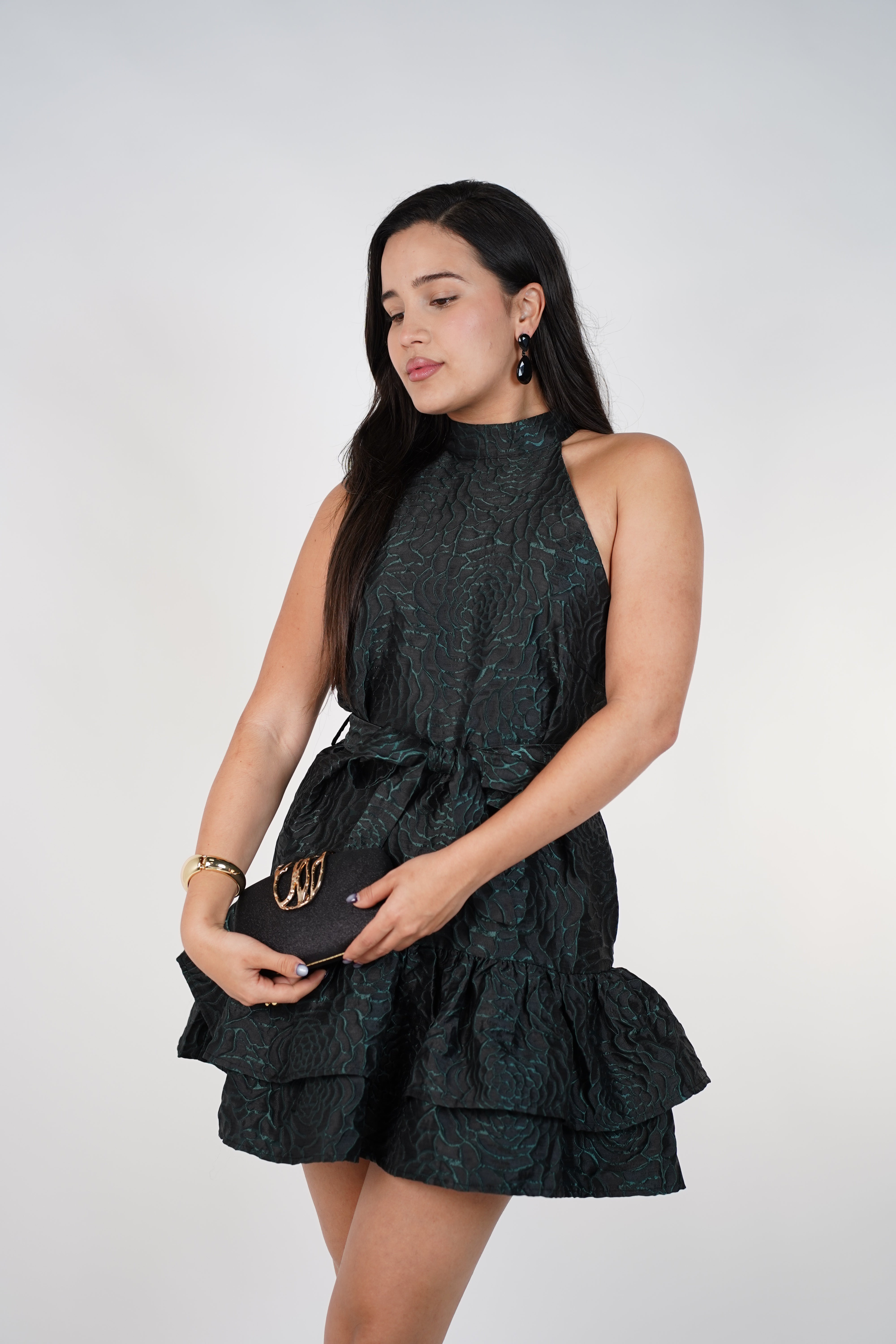 Melora Textured Halter Mini Dress – Elegant Ruffle Party Dress