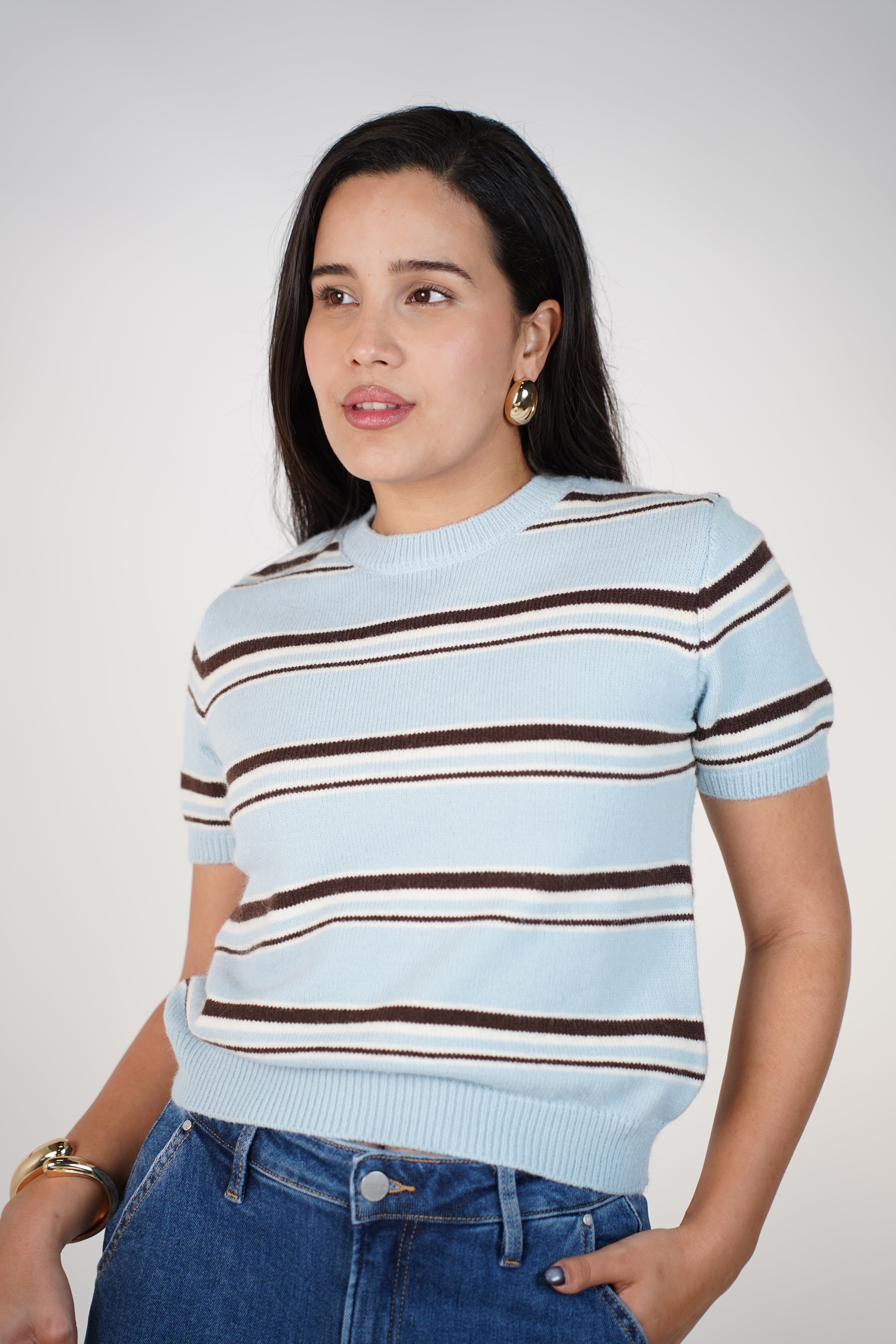 Delora Knit Sweater Top – Soft Striped Short-Sleeve Knit