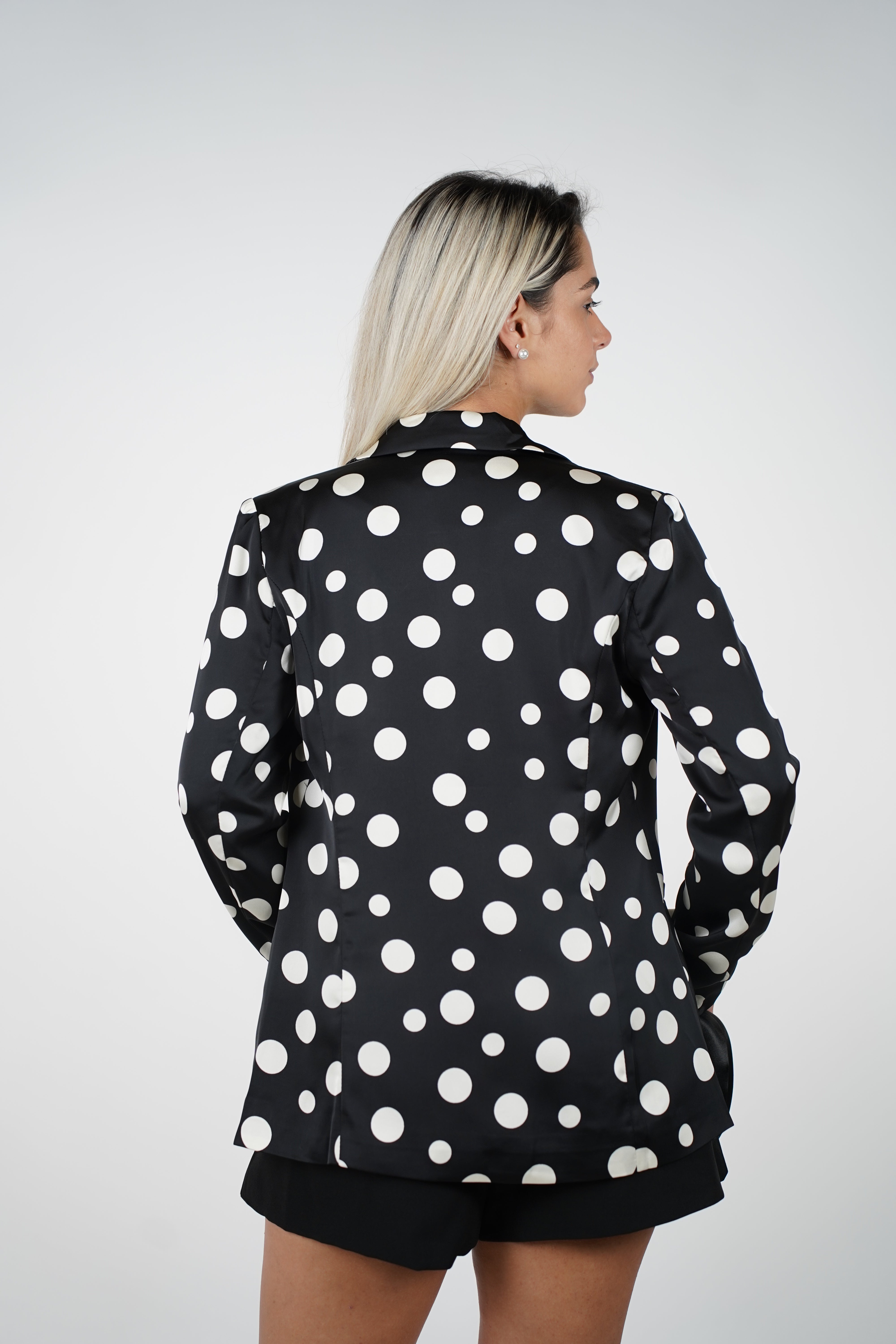 Jareli Polka Dot Blazer – Bold Satin Blazer with Black and White Retro Flair
