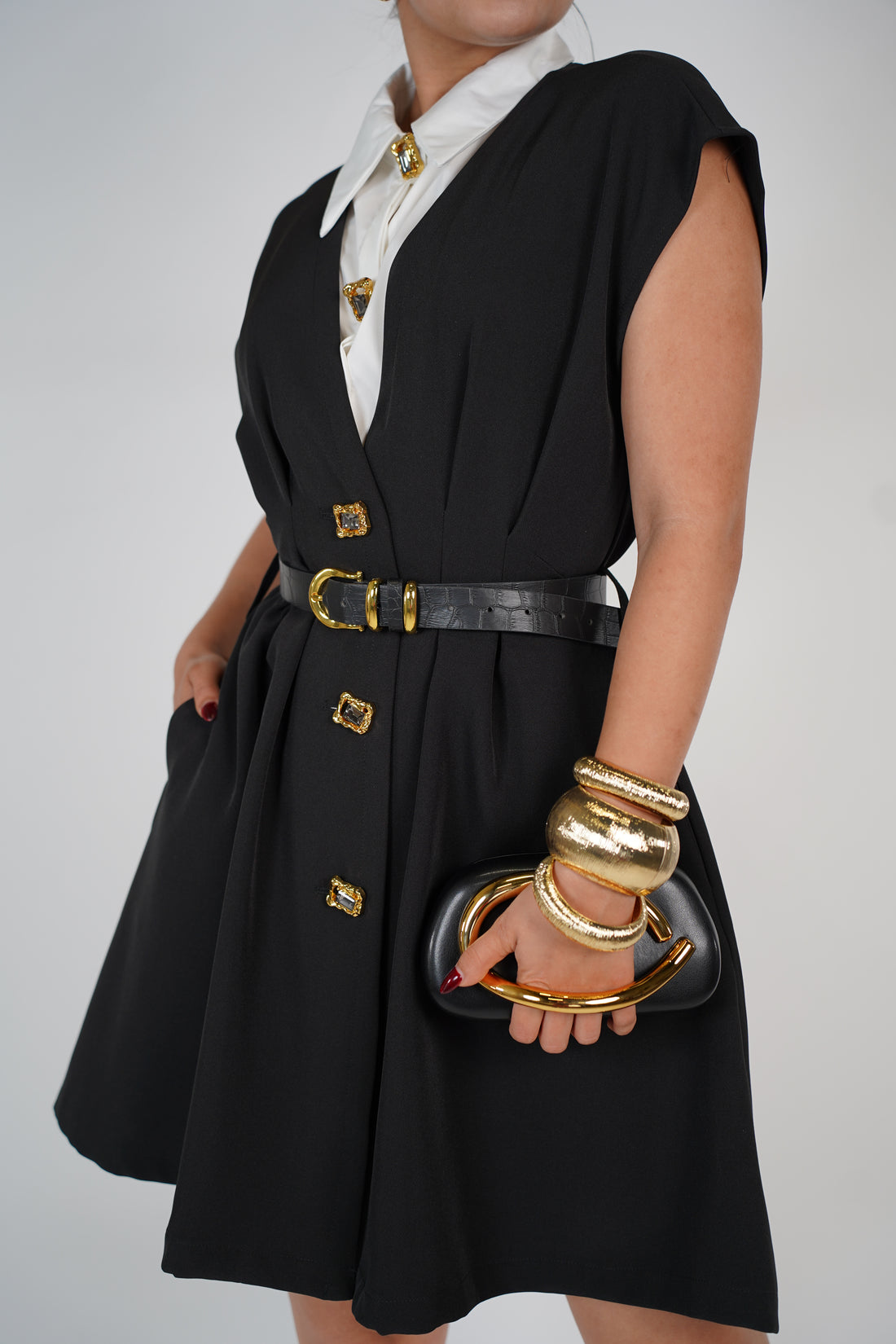 Calix Exotic Mini Dress – Bold Black Button-Up with Luxe Details