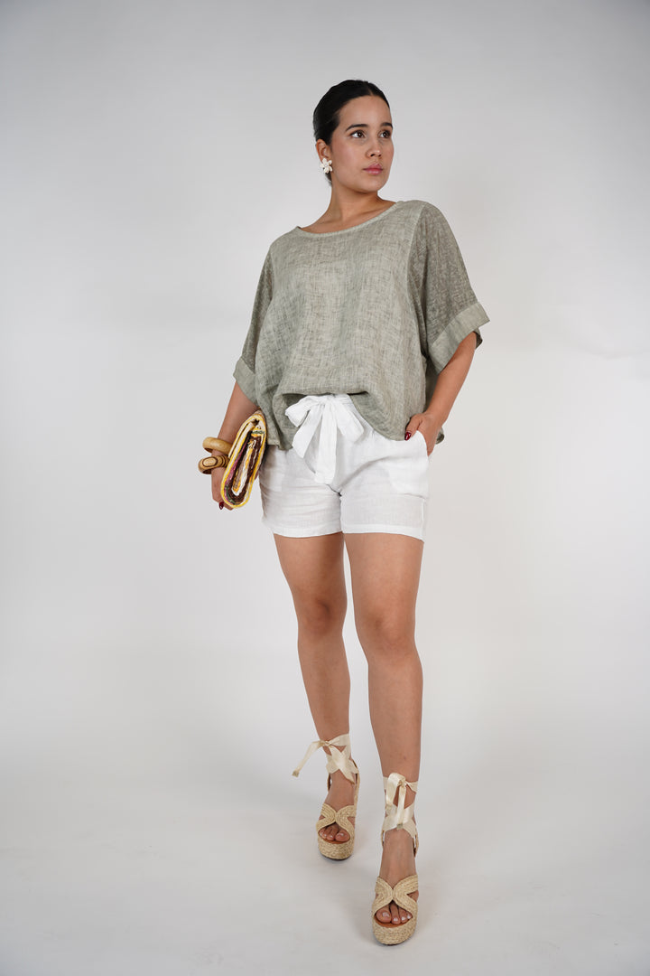 Evara Soft Top – Relaxed Blue Linen-Blend Blouse