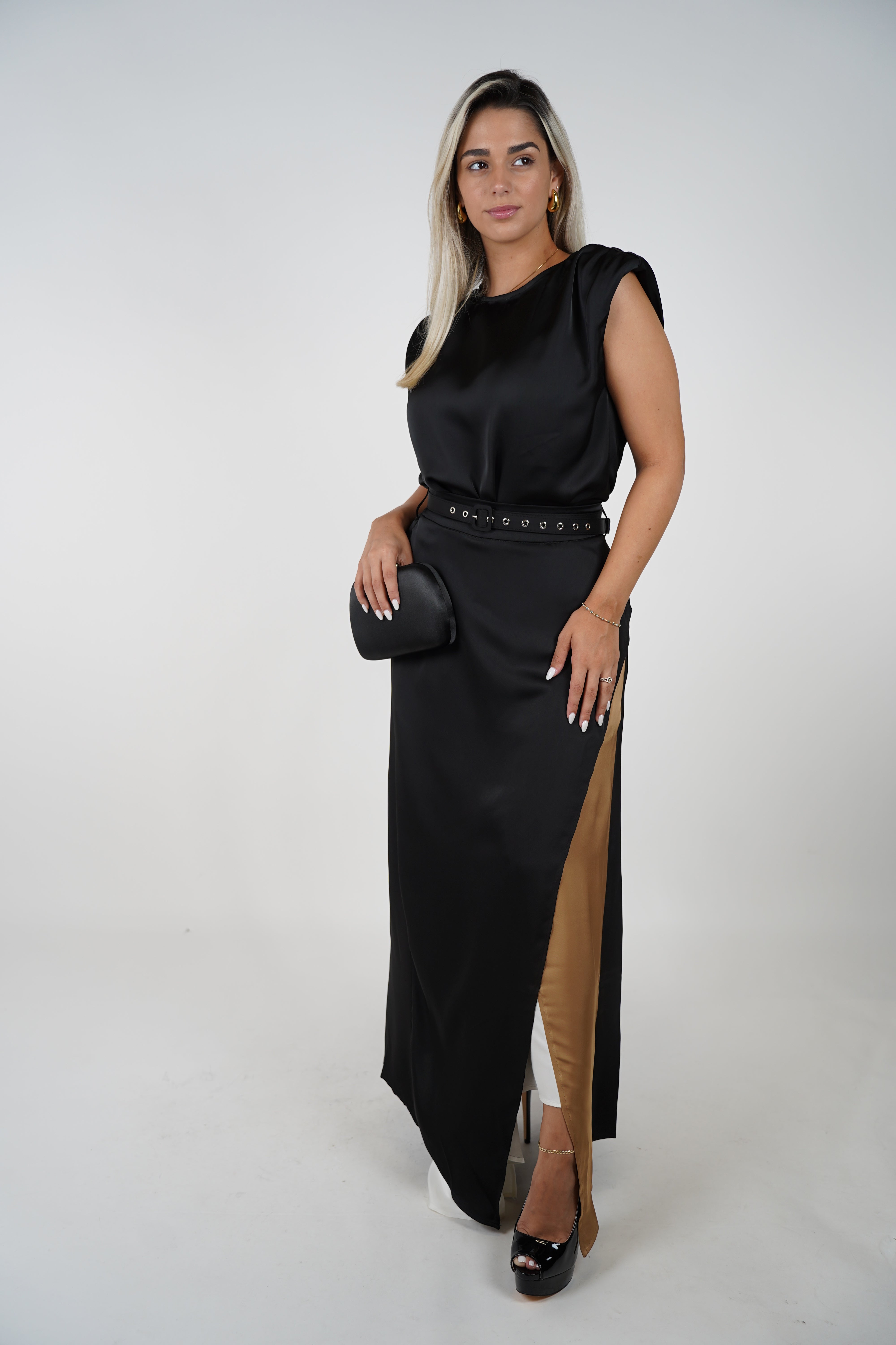 Tasi Skirt Set – Satin Shoulder-Padded Top & Side-Slit Color Block Maxi Skirt