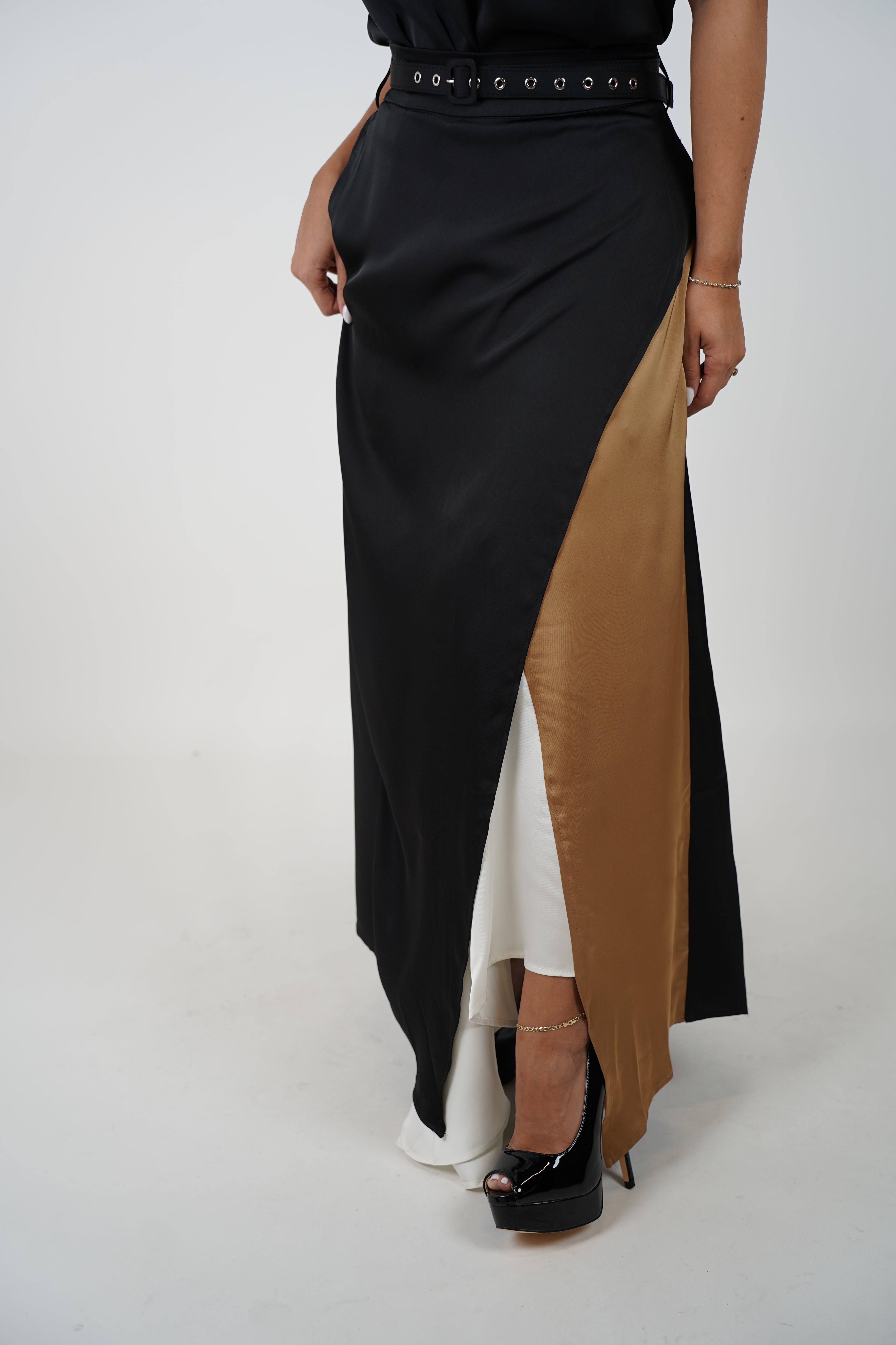 Tasi Skirt Set – Satin Shoulder-Padded Top & Side-Slit Color Block Maxi Skirt