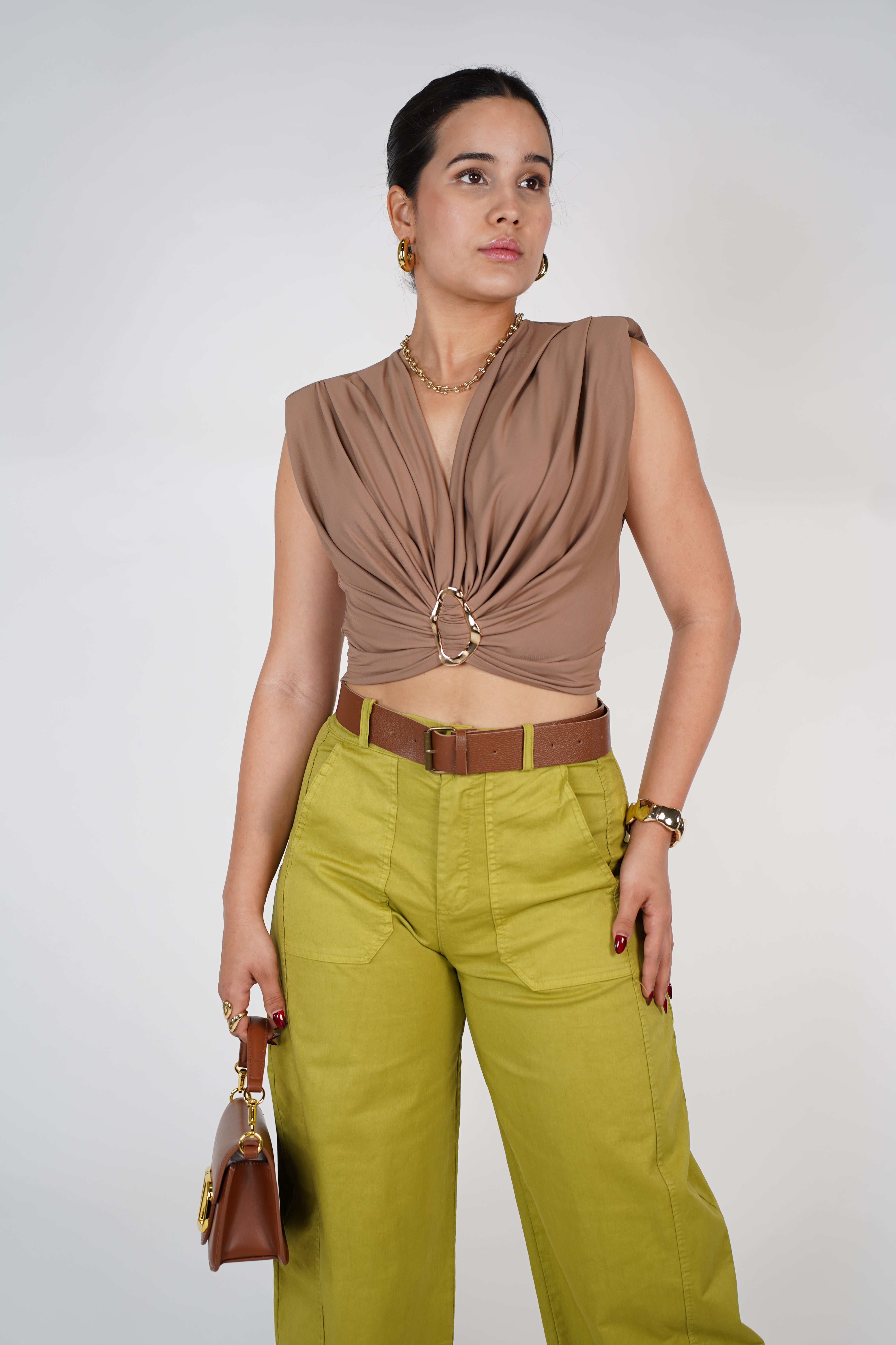 Zaley Crop Top – Draped Gold Ring Detail Top in Multiple Colors