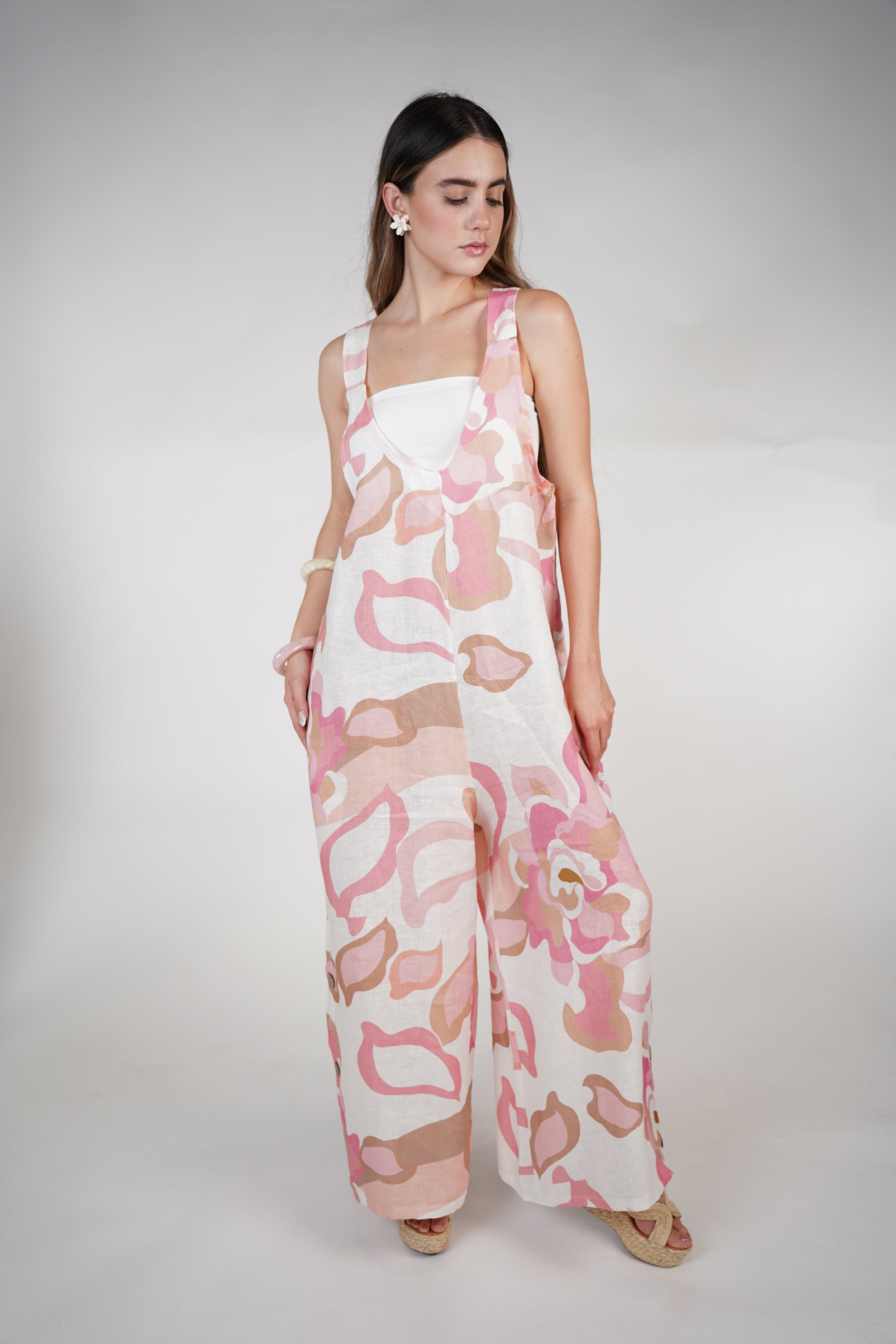 Jesus Linen Jumpsuit – Pink & Neutral Abstract Print, One Size