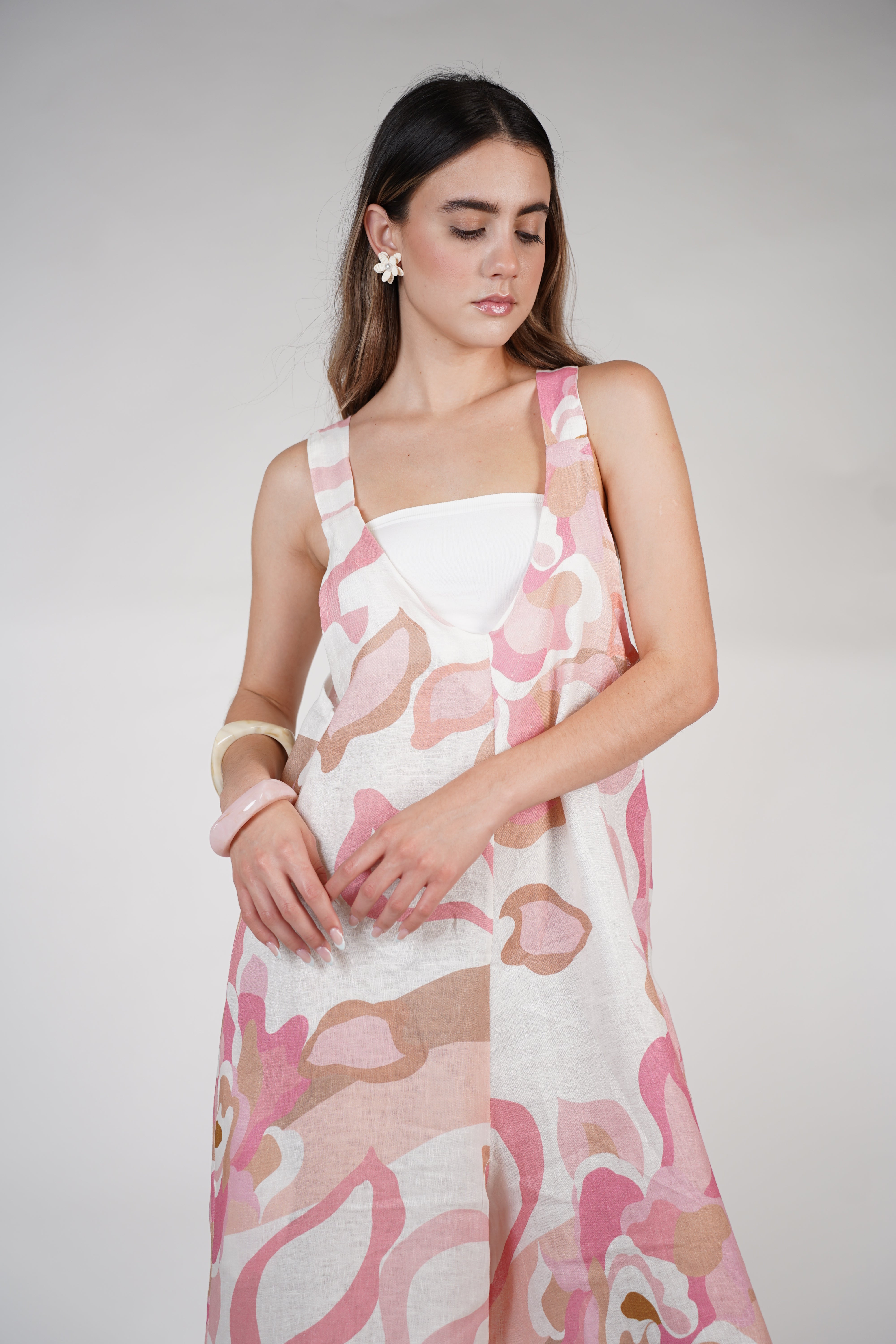 Jesus Linen Jumpsuit – Pink & Neutral Abstract Print, One Size