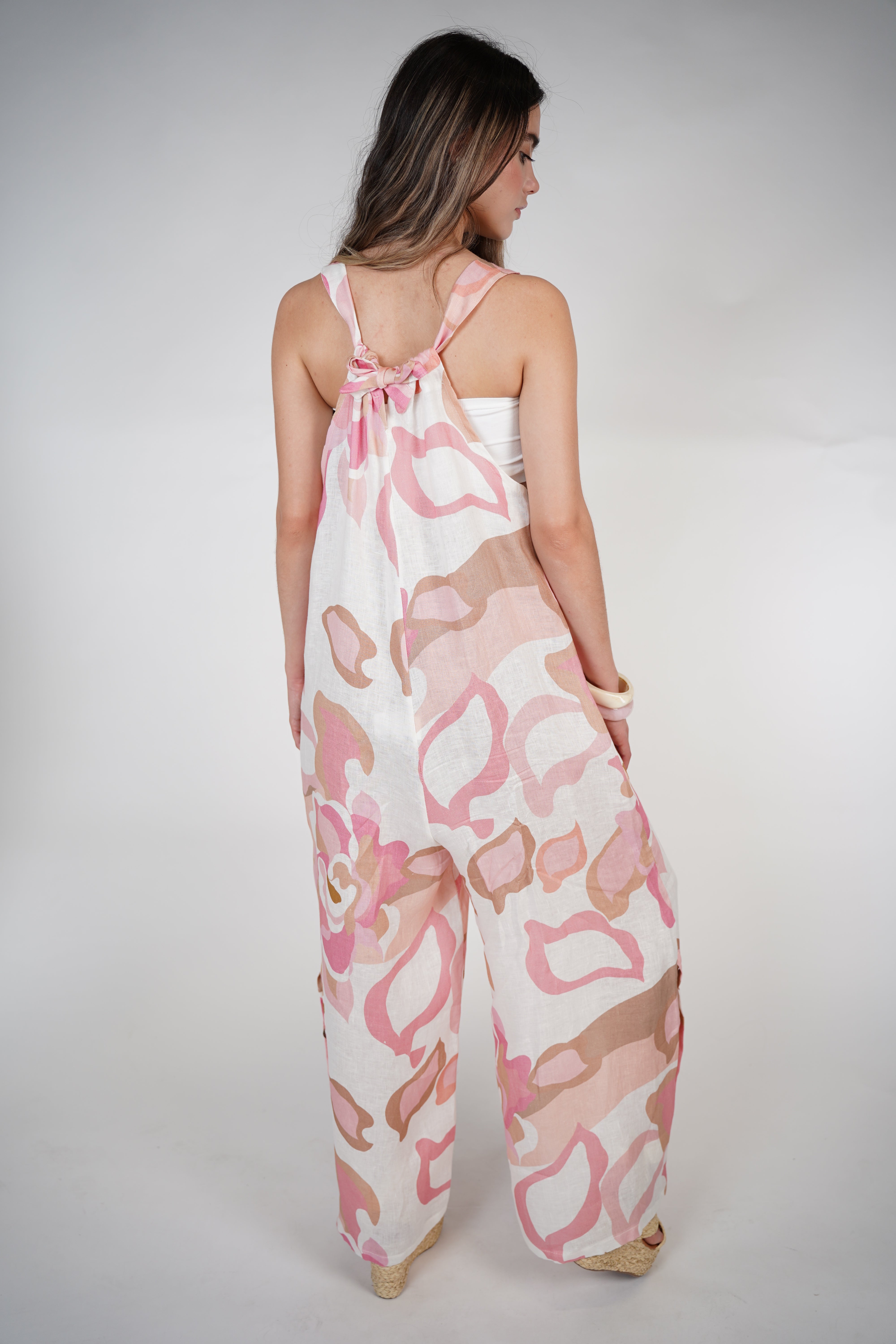 Jesus Linen Jumpsuit – Pink & Neutral Abstract Print, One Size