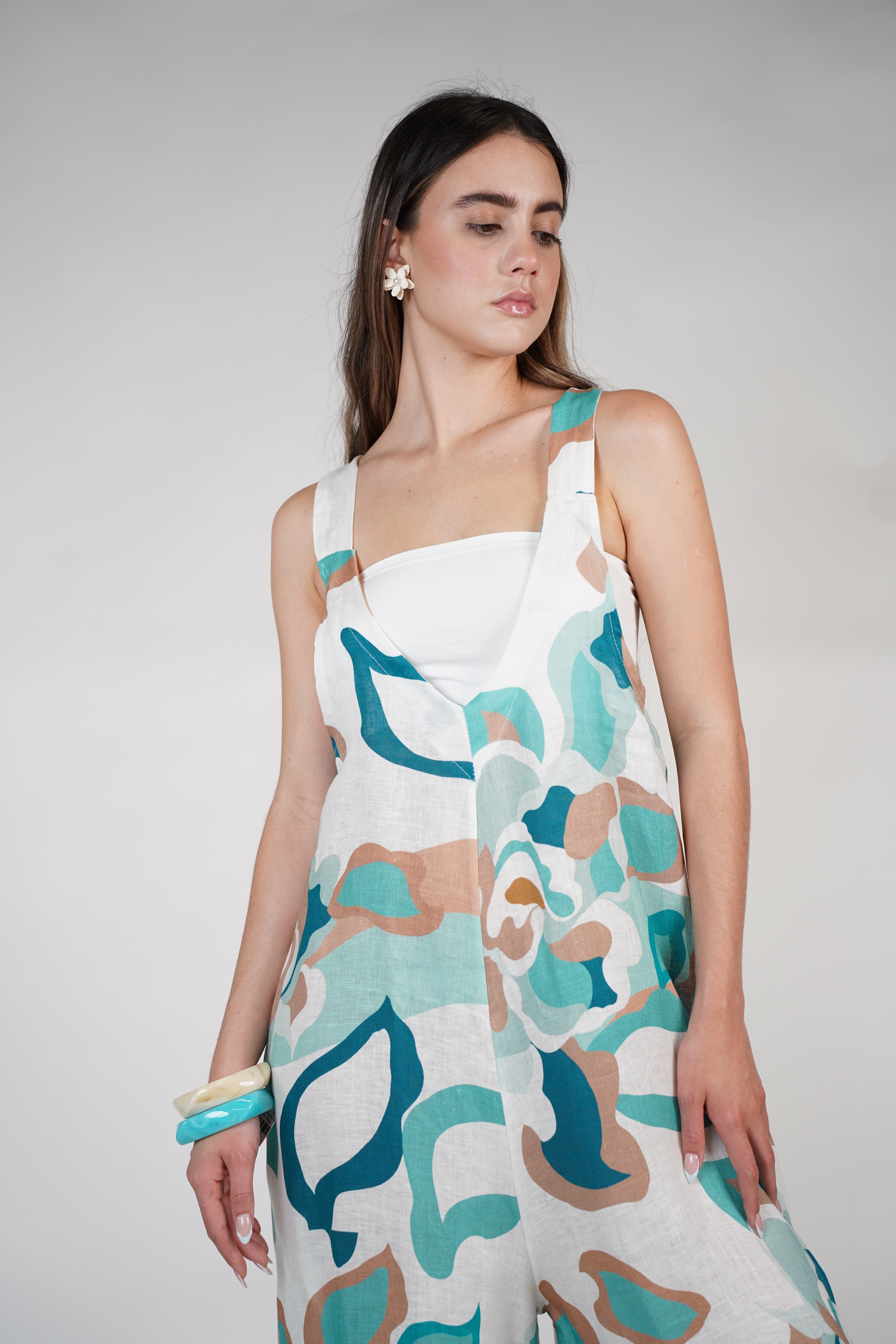 Jesus Linen Jumpsuit – Pink & Neutral Abstract Print, One Size