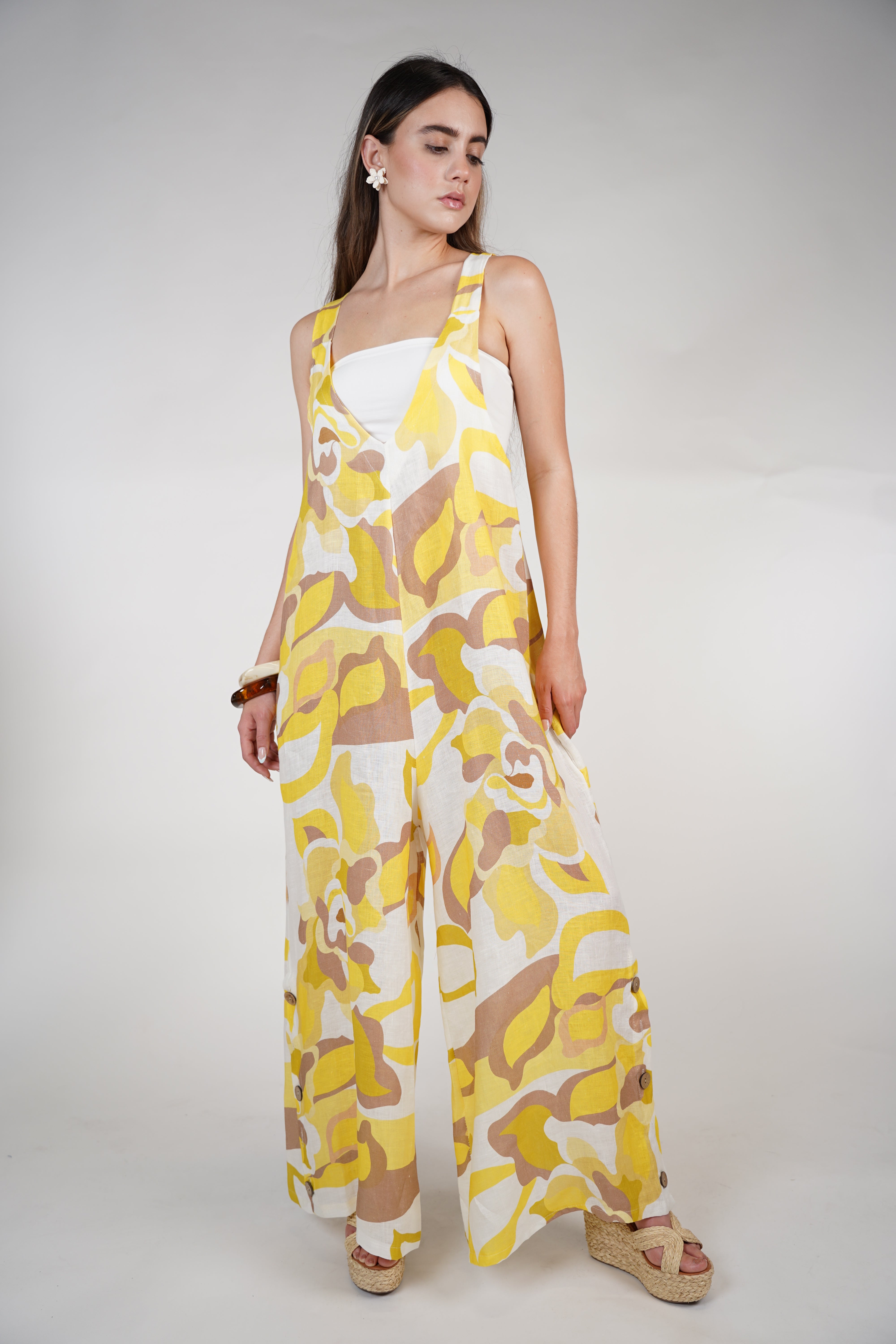 Jesus Linen Jumpsuit – Pink & Neutral Abstract Print, One Size