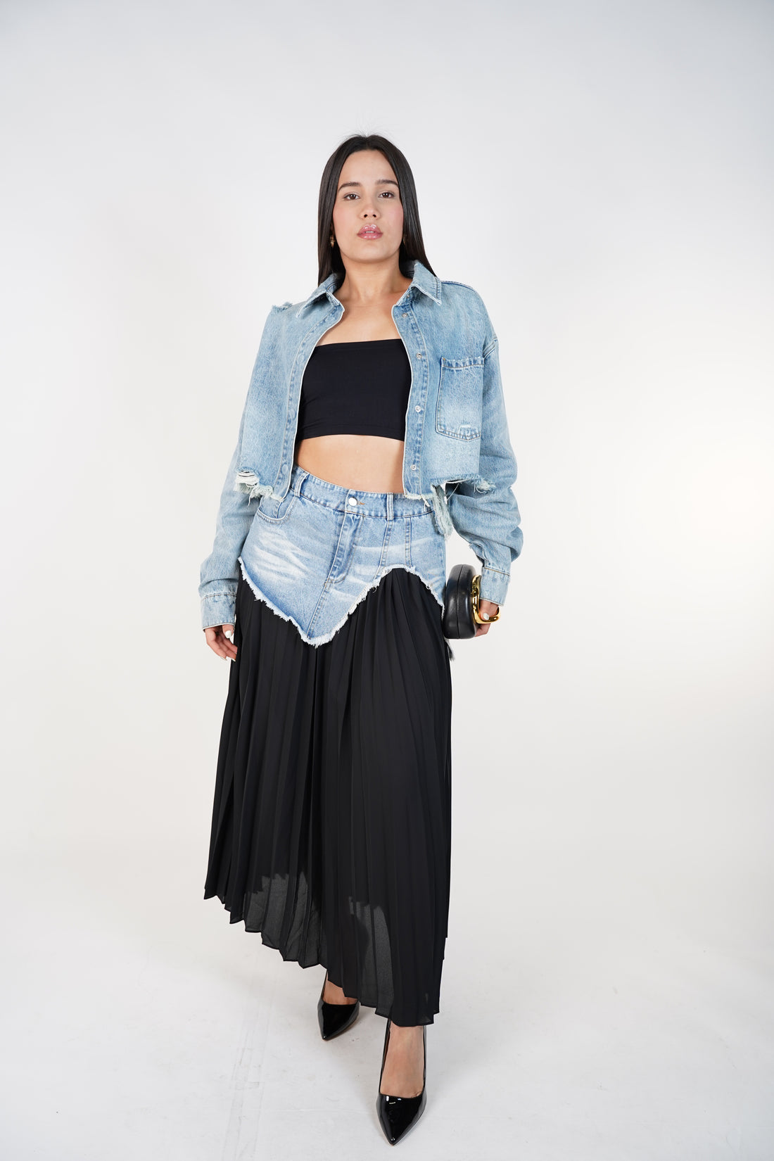 Renovia Contrast Skirt – Denim Overlay Pleated Statement Skirt
