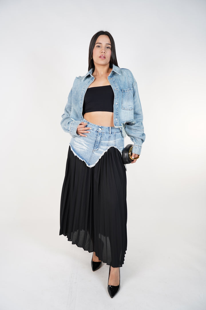 Renovia Contrast Skirt – Denim Overlay Pleated Statement Skirt