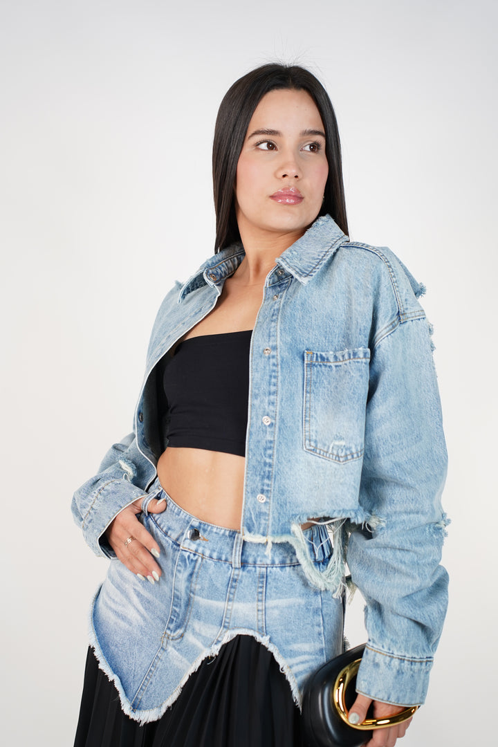 Marvella Ripped Denim Jacket – Cropped Distressed Statement Jacket