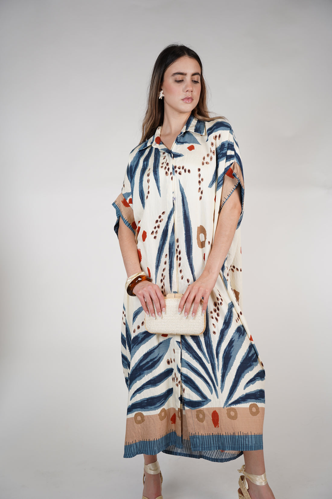 Omelle Stamped Maxi Dress – Tropical Print Button-Down Kaftan, One Size