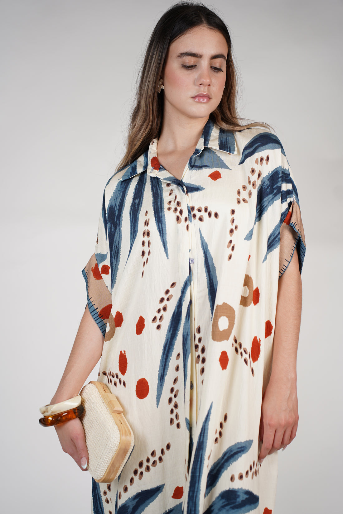 Omelle Stamped Maxi Dress – Tropical Print Button-Down Kaftan, One Size