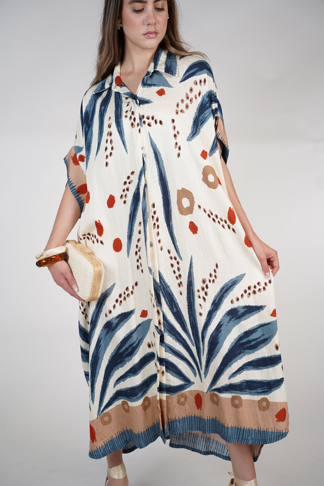 Omelle Stamped Maxi Dress – Tropical Print Button-Down Kaftan, One Size