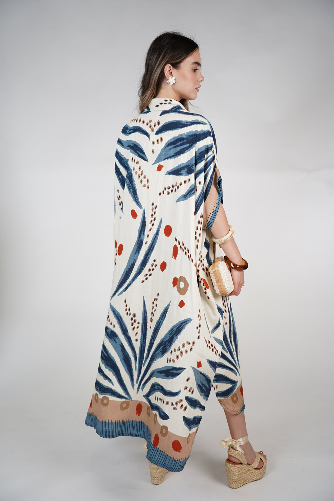 Omelle Stamped Maxi Dress – Tropical Print Button-Down Kaftan, One Size
