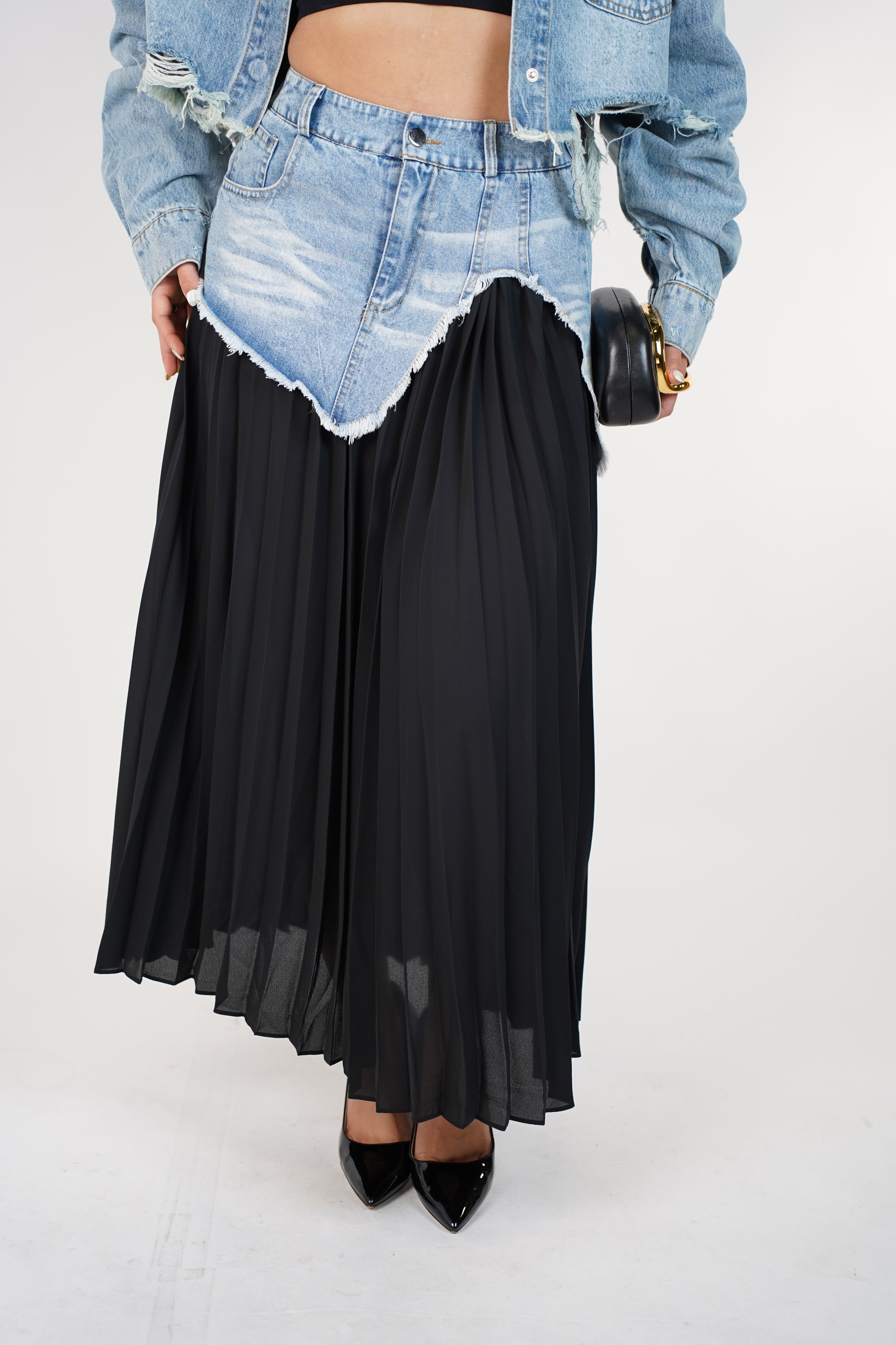 Renovia Contrast Skirt – Denim Overlay Pleated Statement Skirt