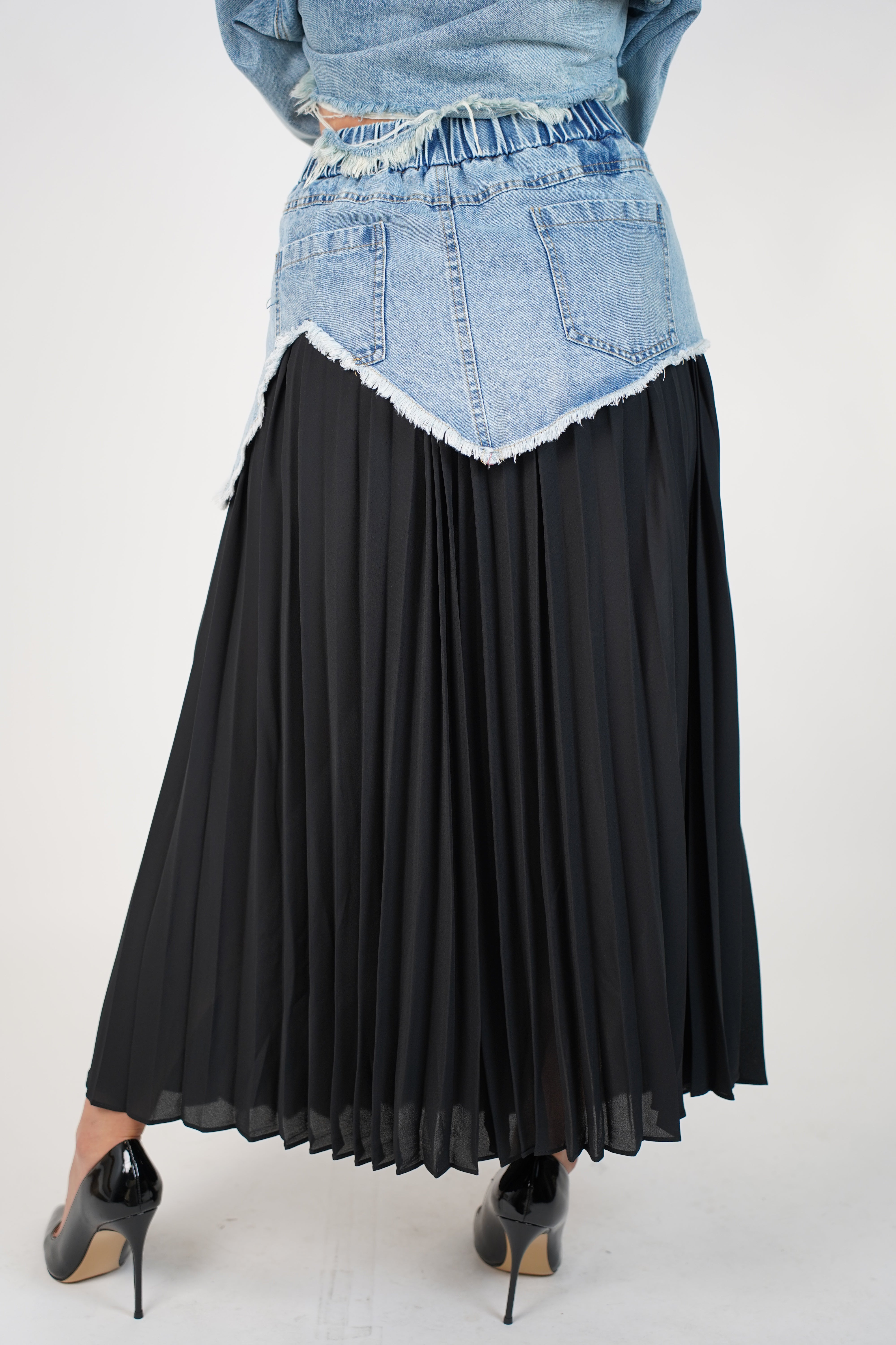 Renovia Contrast Skirt – Denim Overlay Pleated Statement Skirt